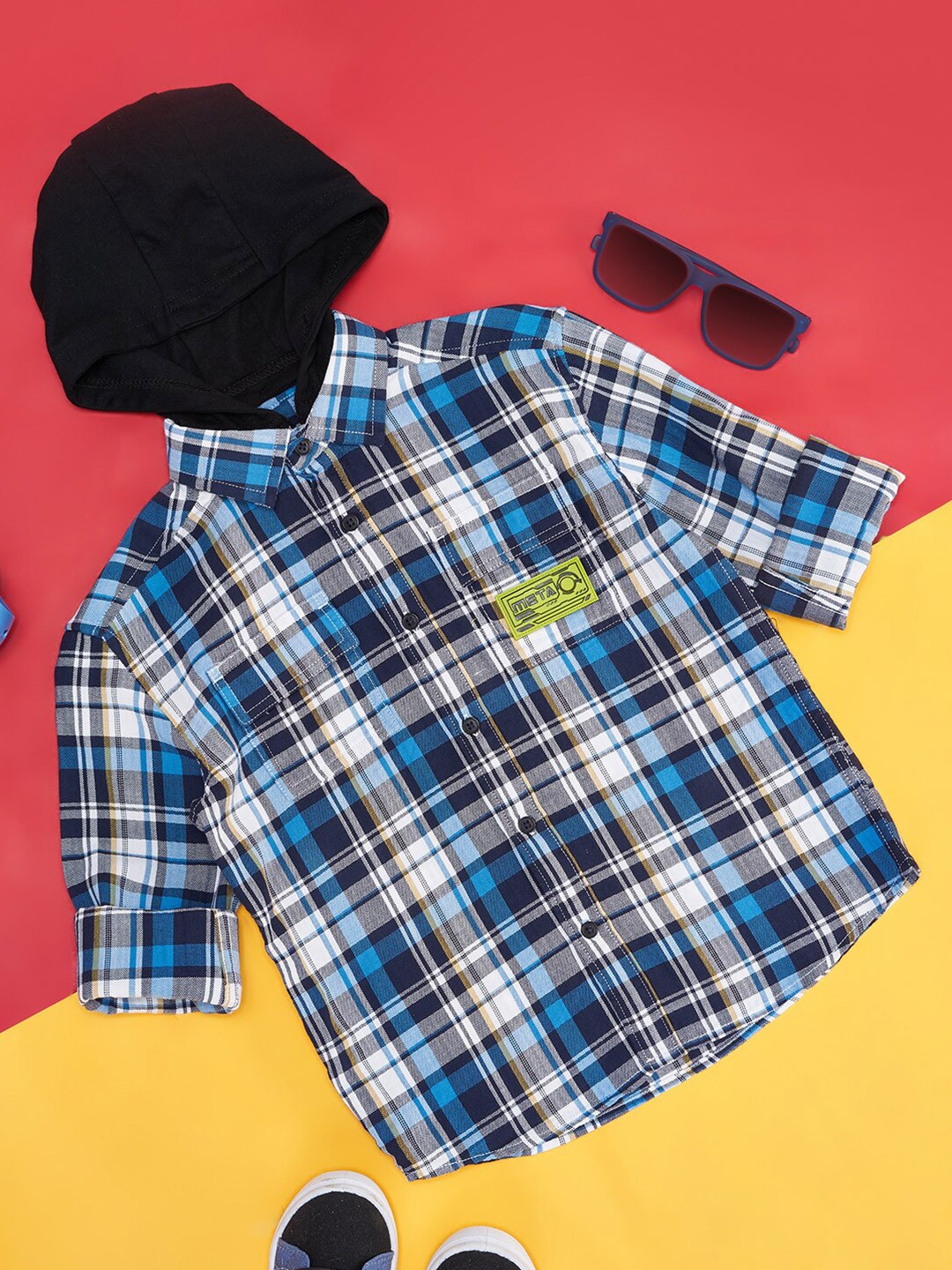 

Pantaloons Junior Boys Tartan Checked Hooded Cotton Casual Shirt, Navy blue