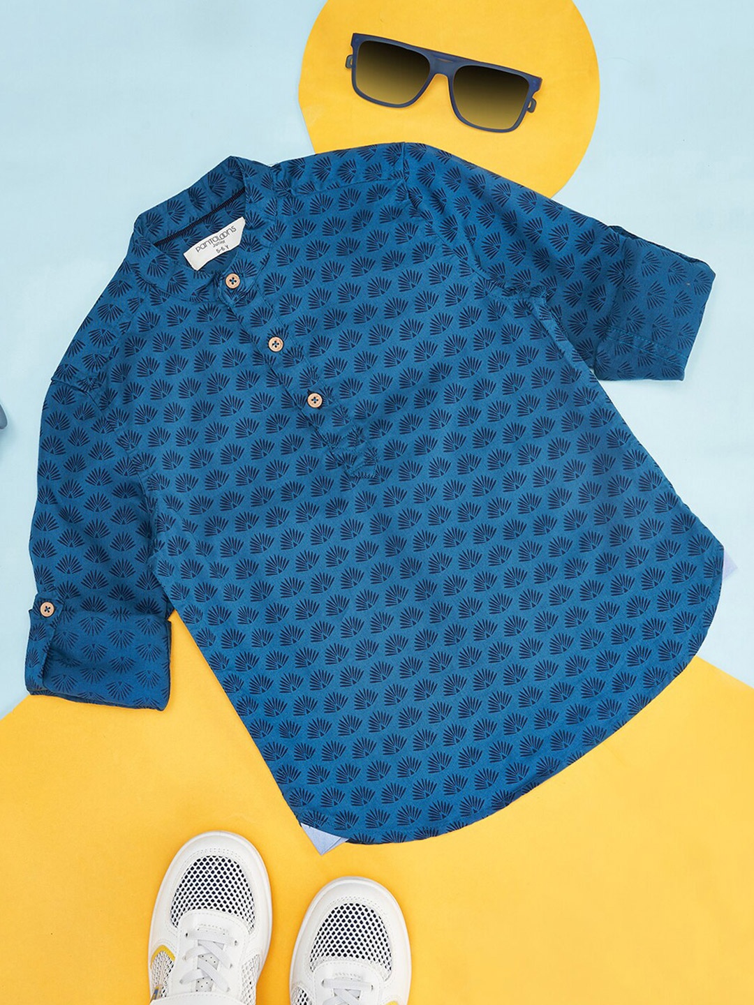 

Pantaloons Junior Boys Geometric Printed Band Collar Cotton Party Shirt, Teal