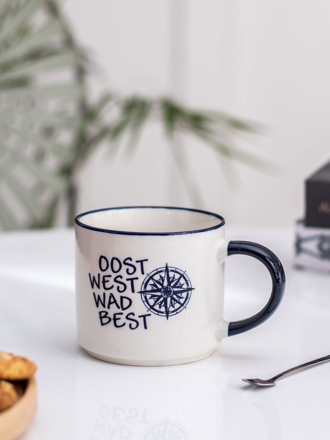 

THEDECORKART White & Navy Blue Hand Painted Ceramic Glossy Mugs