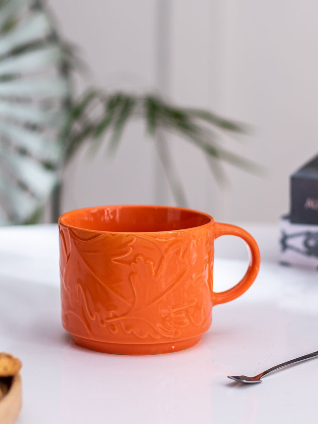 

THEDECORKART Orange Textured Ceramic Glossy Cup 300 ML
