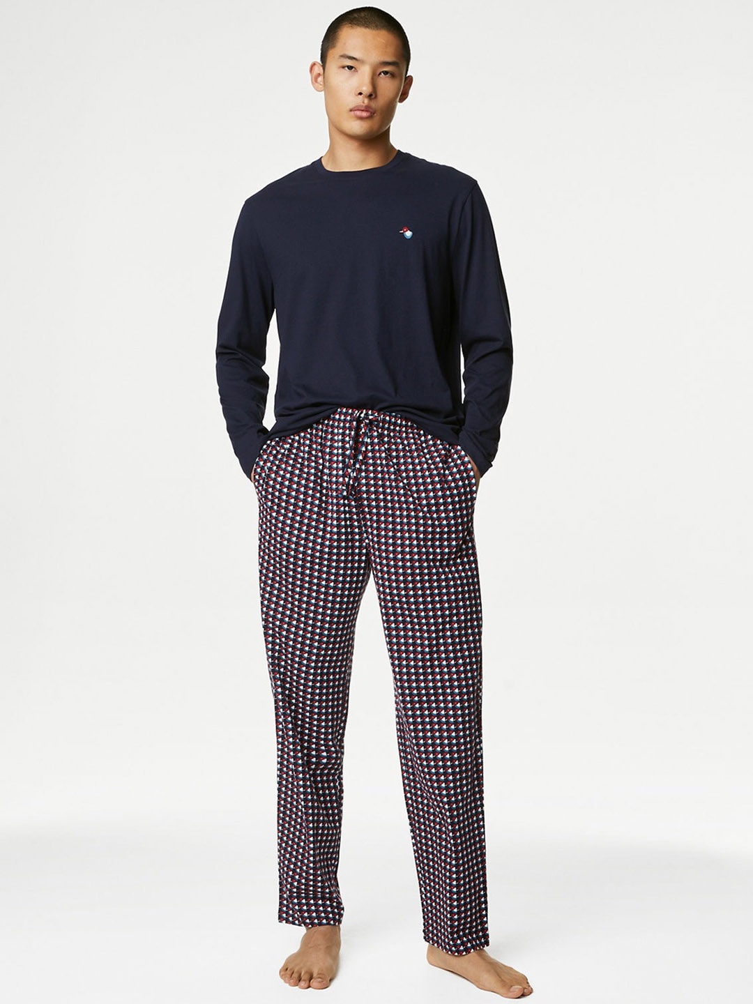 

Marks & Spencer Checked Pure Cotton Night suit, Navy blue