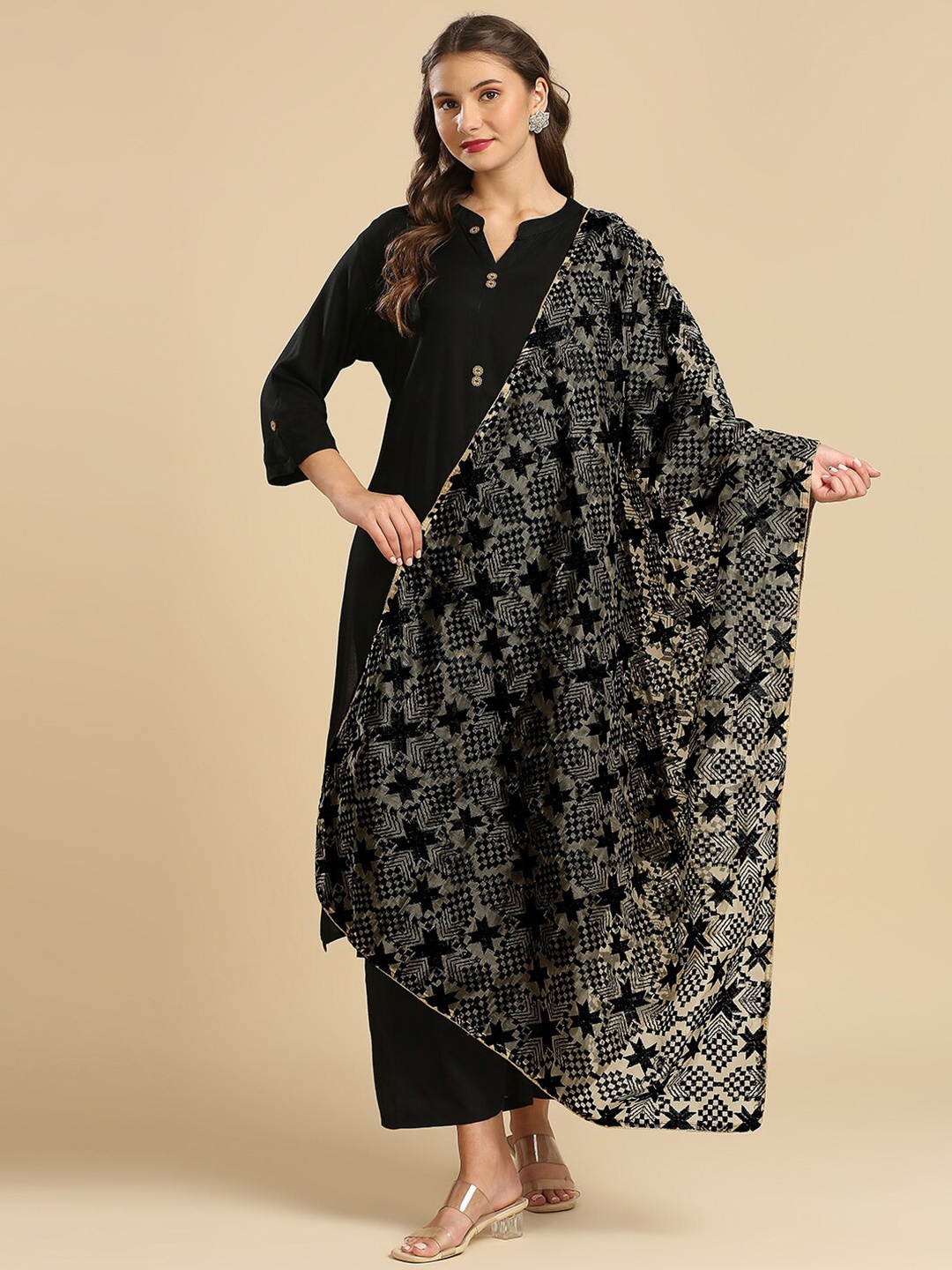 

Dupatta Bazaar Ethnic Motifs Embroidered Phulkari Organza Dupatta, Black