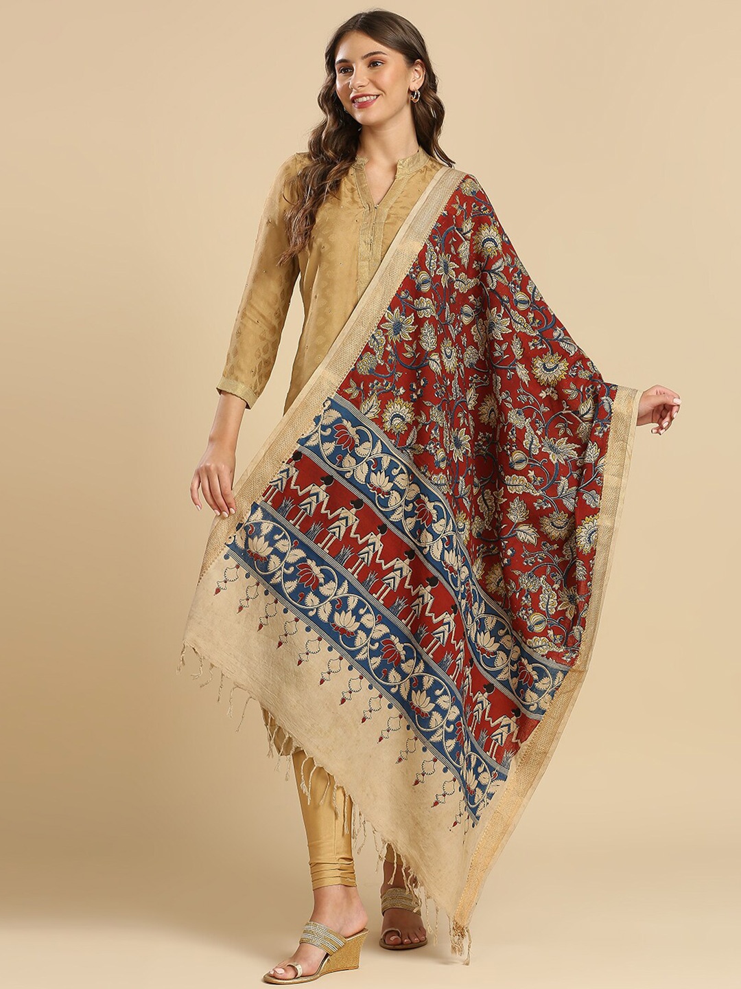 

Dupatta Bazaar Ethnic Motifs Printed Pure Cotton Kalamkari Dupatta, Maroon