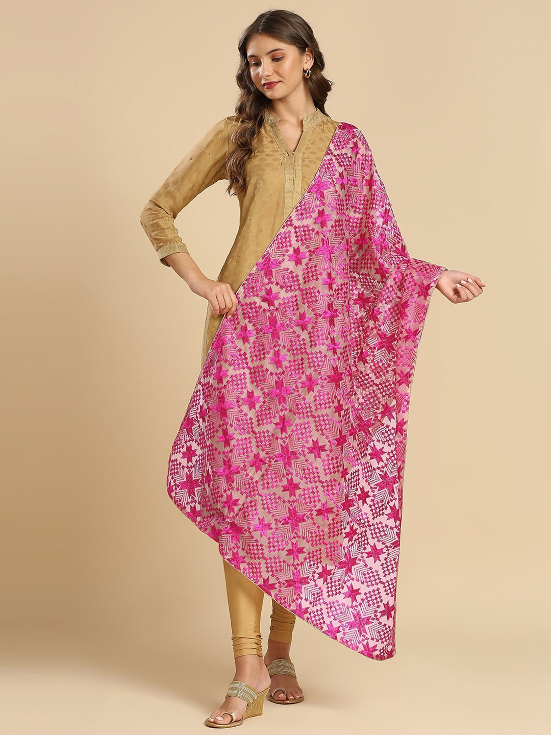 

Dupatta Bazaar Geometric Embroidered Phulkari Organza Dupatta, Pink