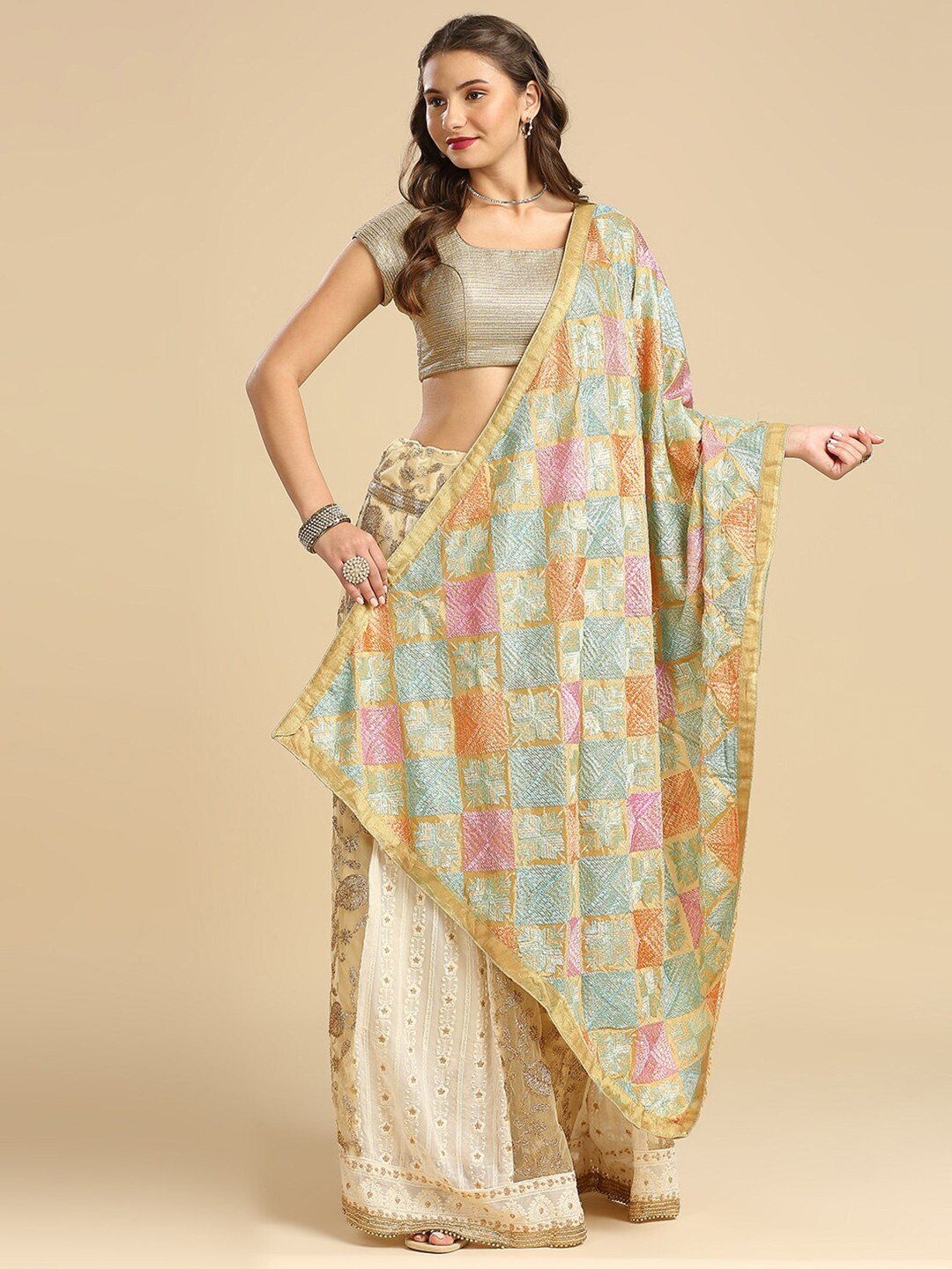 

Dupatta Bazaar Ethnic Motifs Embroidered Phulkari Dupatta, Gold