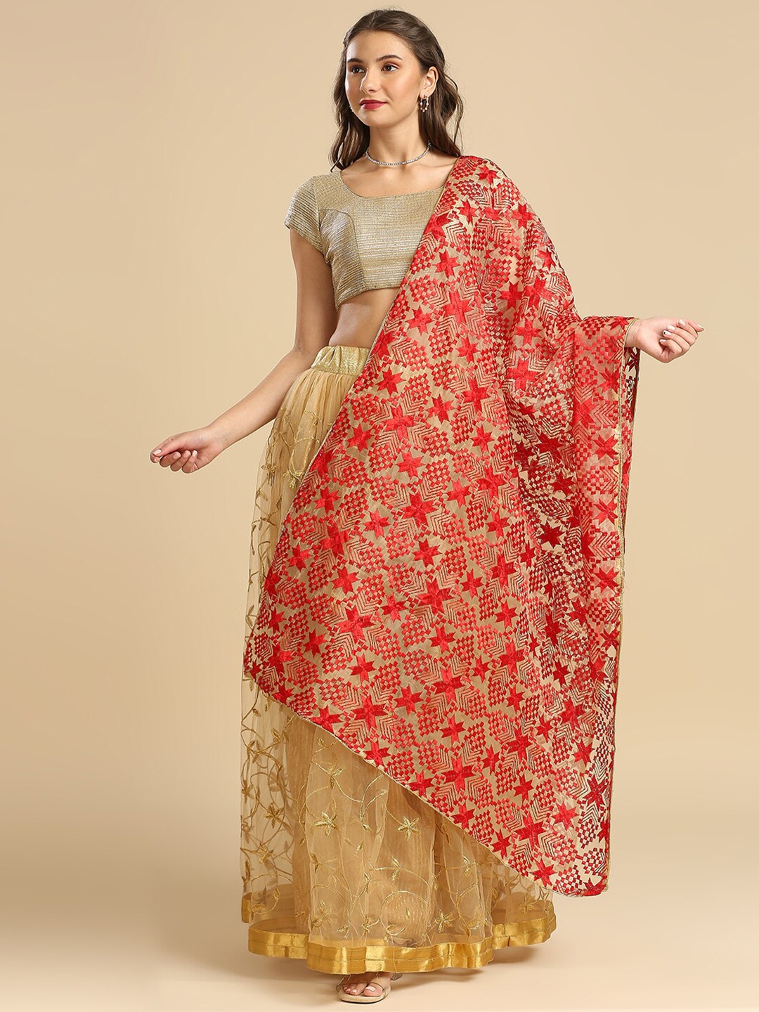 

Dupatta Bazaar Geometric Embroidered Phulkari Organza Dupatta, Red