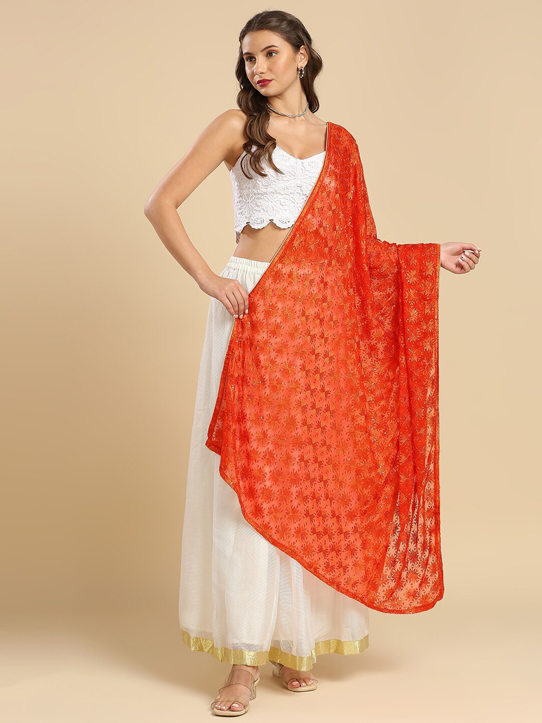 

Dupatta Bazaar Ethnic Motifs Embroidered Phulkari Dupatta, Orange