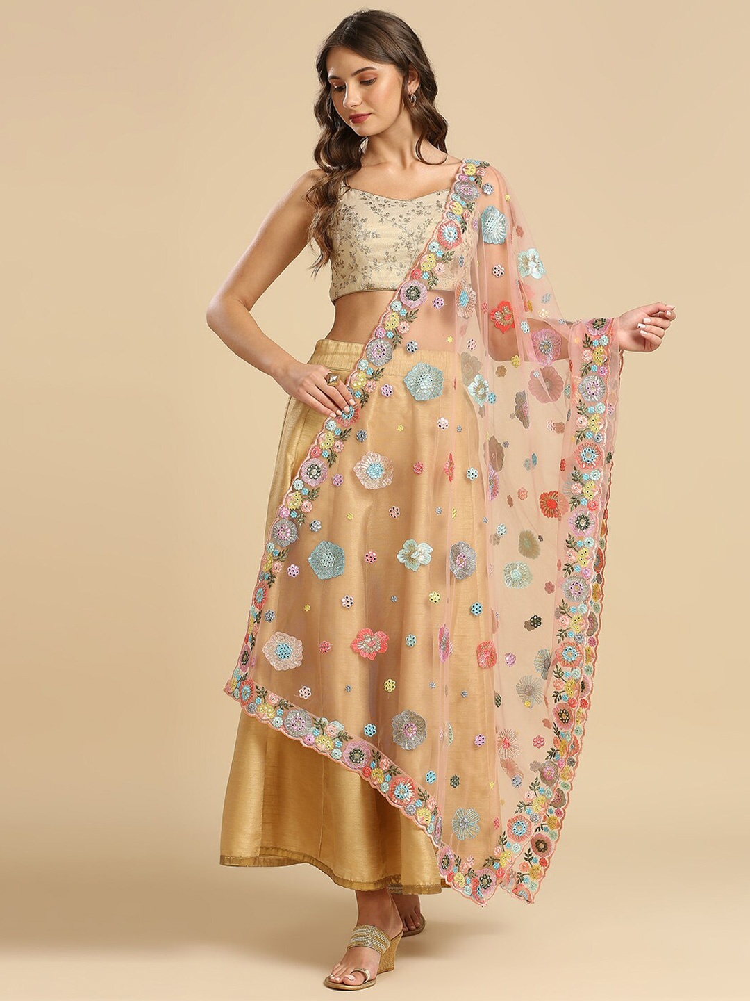 

Dupatta Bazaar Floral Embroidered Dupatta With Mirror Work, Pink