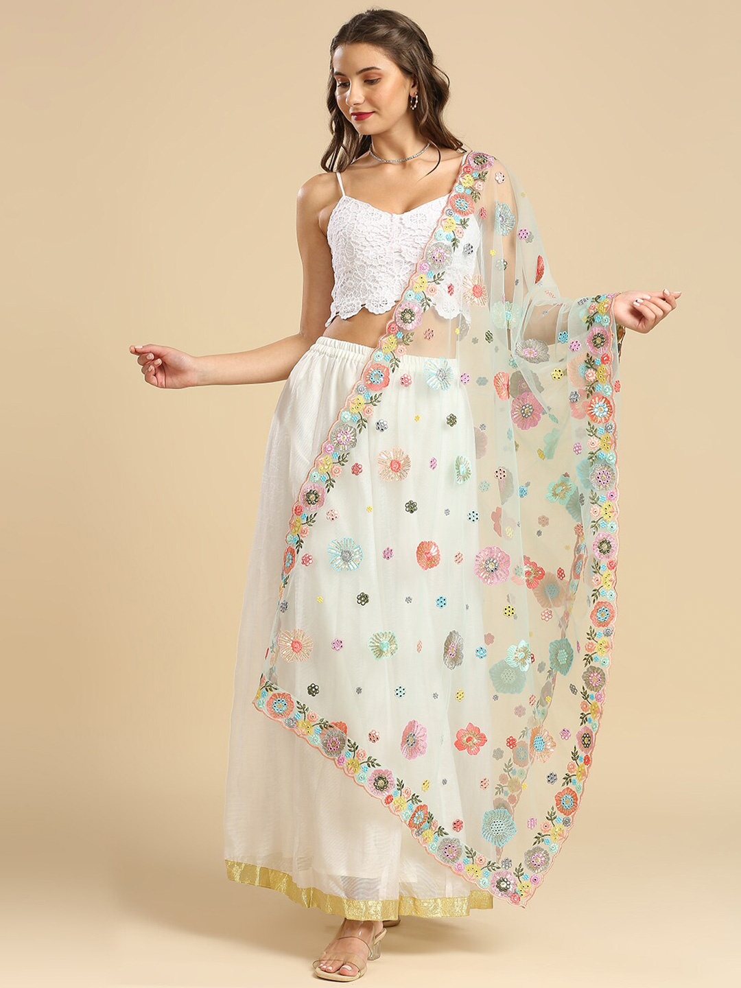 

Dupatta Bazaar Floral Embroidered Dupatta With Sequinned, White