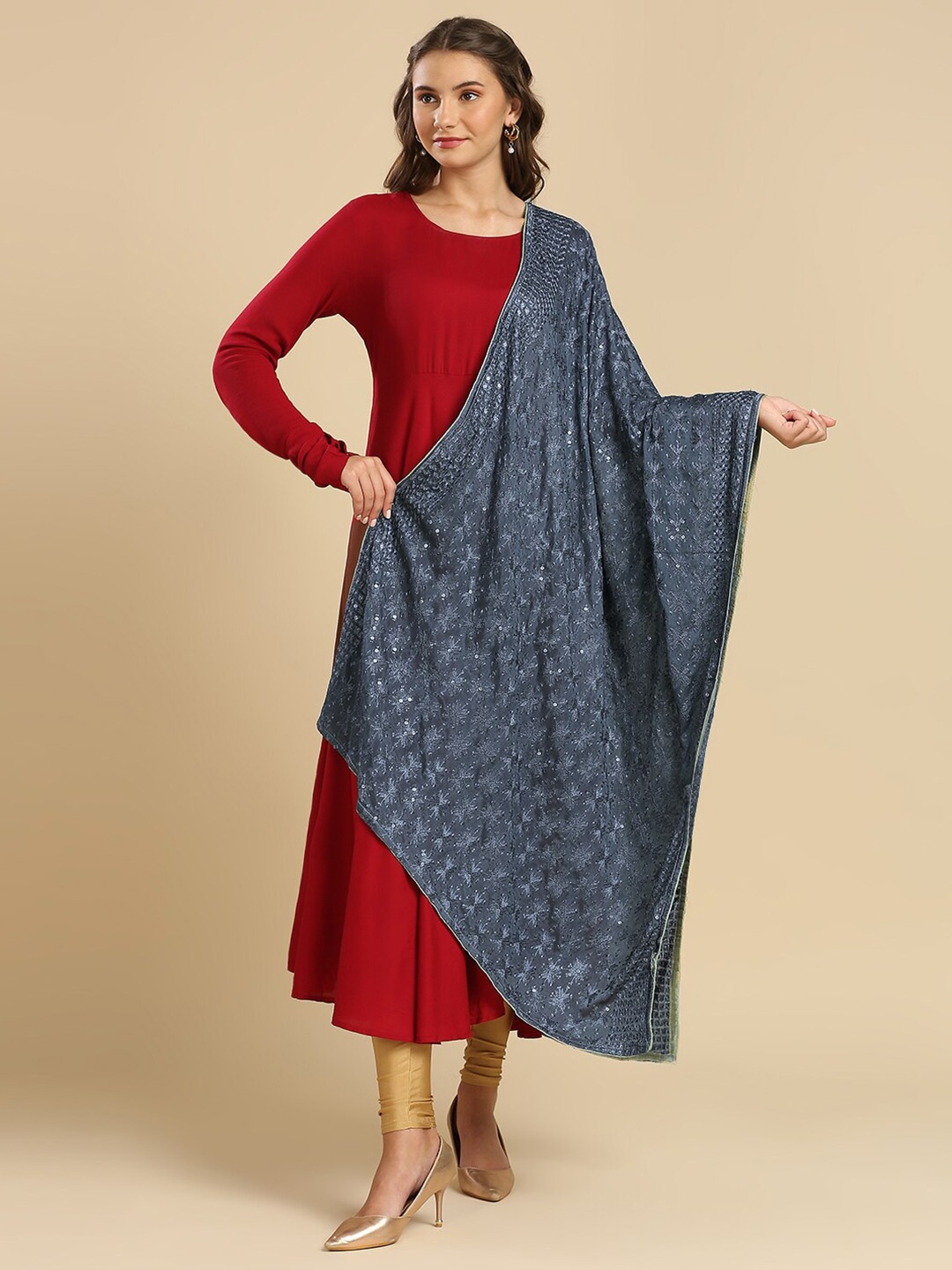 

Dupatta Bazaar Ethnic Motifs Embroidered Chiffon Dupatta With Sequinned, Grey