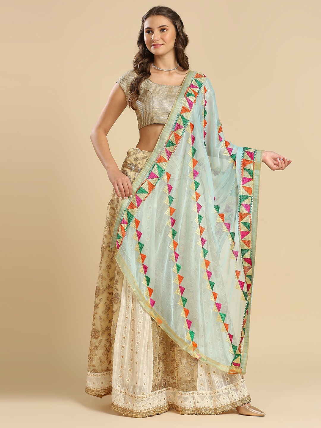 

Dupatta Bazaar Ethnic Motifs Embroidered Chiffon Dupatta With Phulkari, Blue