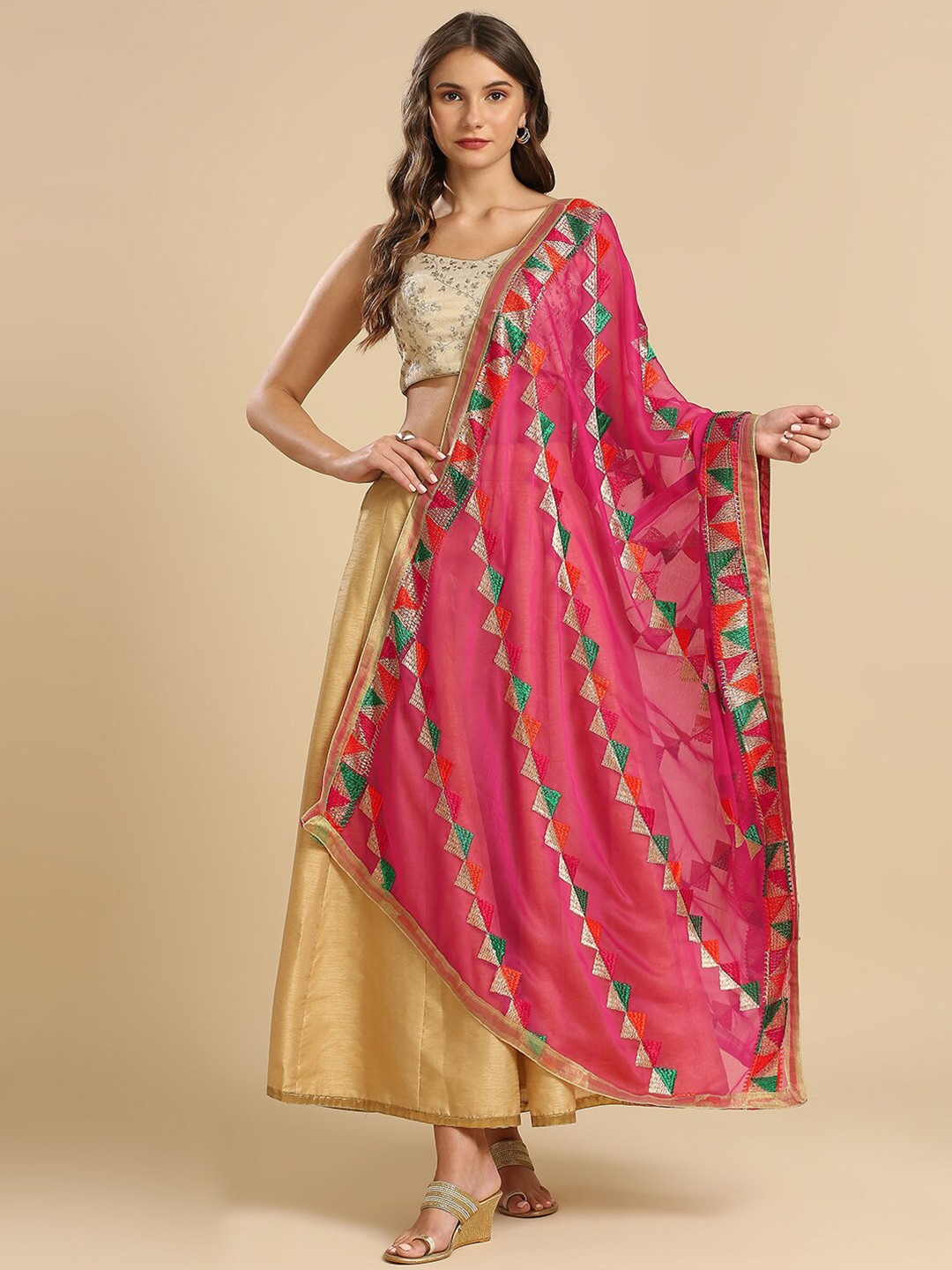 

Dupatta Bazaar Geometric Embroidered Chiffon Dupatta, Pink