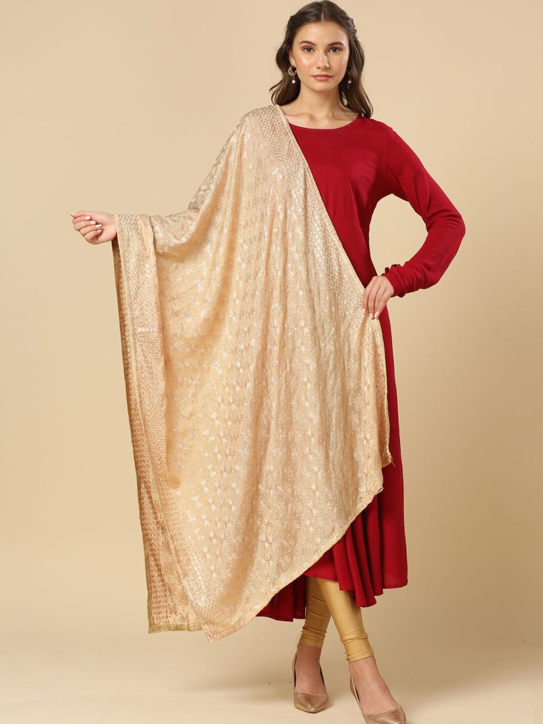 

Dupatta Bazaar Ethnic Motifs Embroidered Phulkari Chiffon Dupatta, Beige