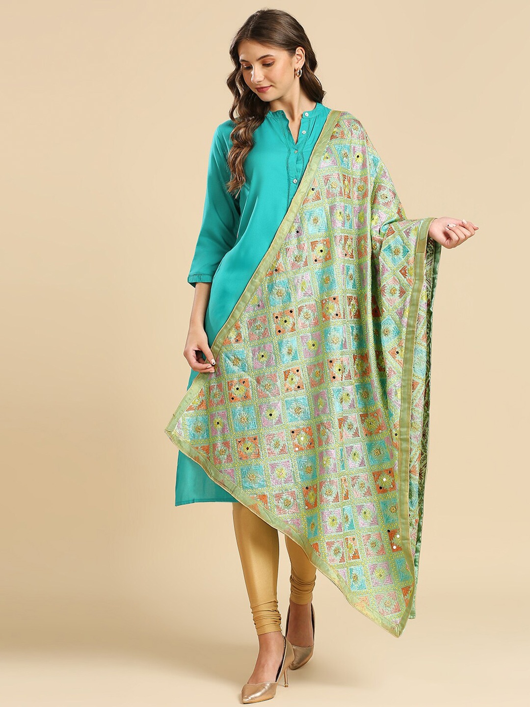 

Dupatta Bazaar Ethnic Motifs Embroidered Phulkari Chiffon Dupatta, Green