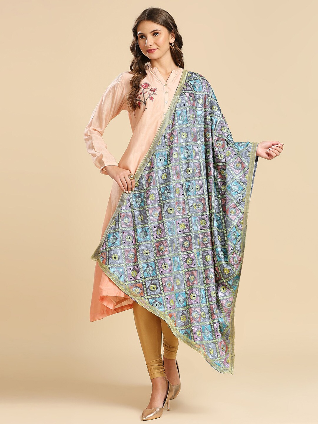 

Dupatta Bazaar Ethnic Motifs Embroidered Phulkari Chiffon Dupatta, Grey