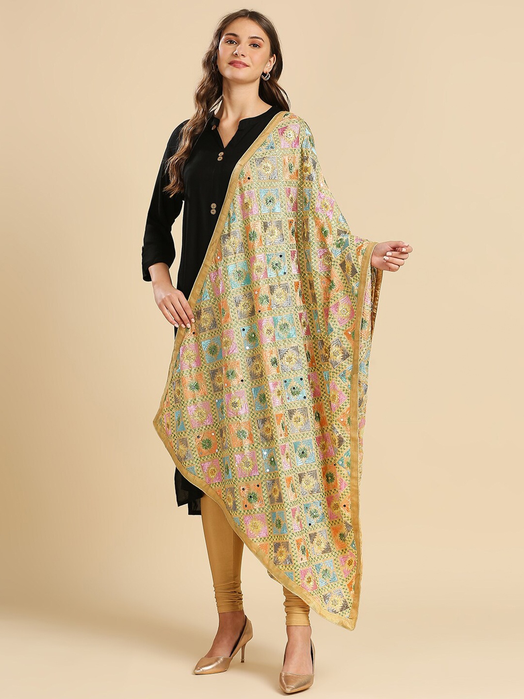 

Dupatta Bazaar Ethnic Motifs Phulkari Embroidered Dupatta Phulkari, Beige