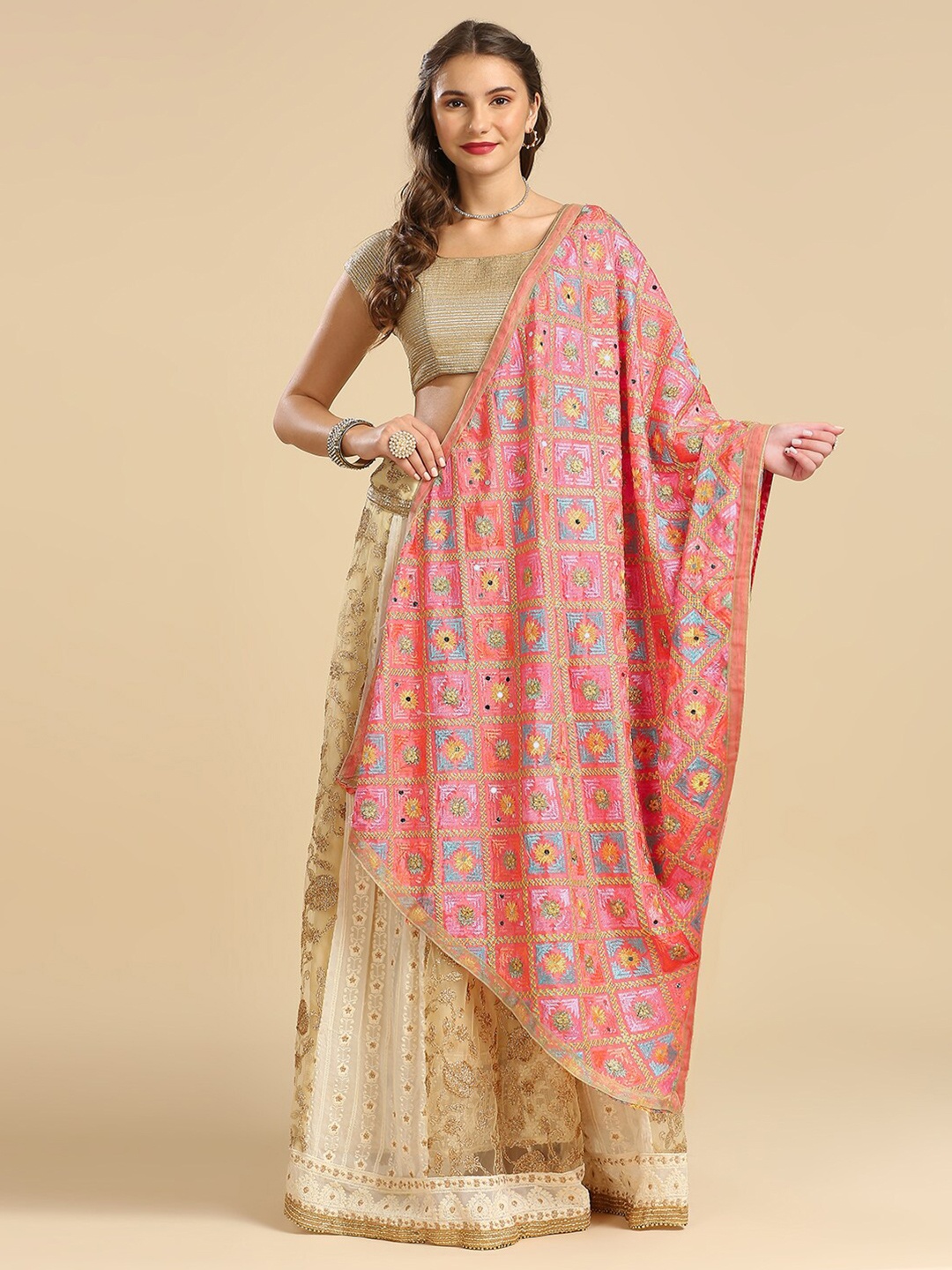 

Dupatta Bazaar Ethnic Motifs Phulkari Embroidered Dupatta Phulkari, Coral