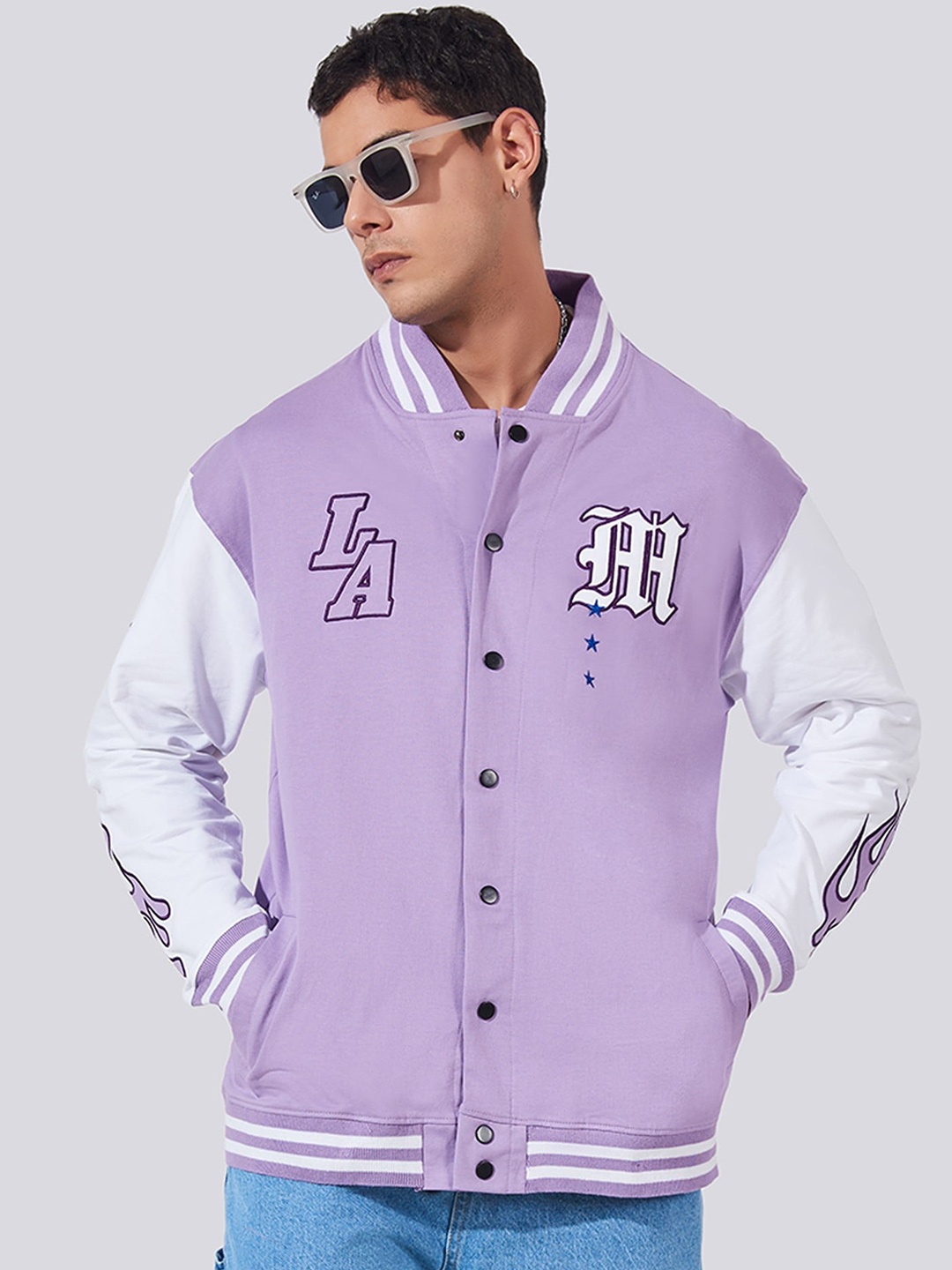 

Maniac Mandarin Collar Colorblocked Cotton Varsity Jacket, Lavender