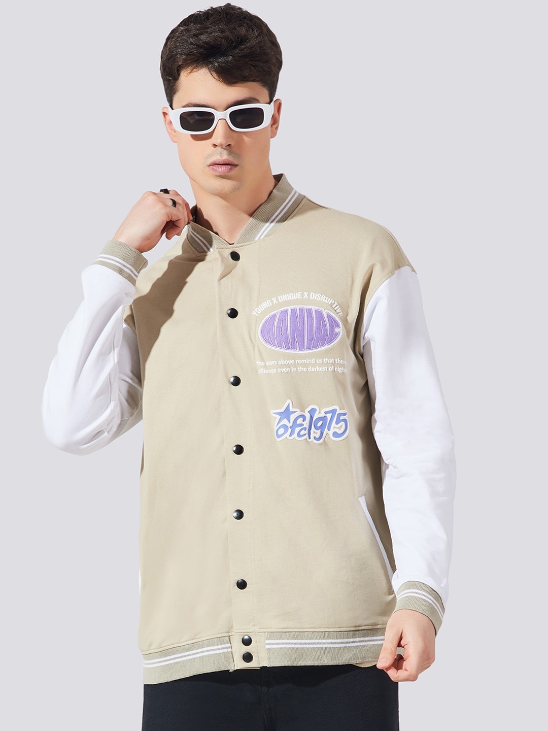 

Maniac Printed Varsity Jacket, Beige