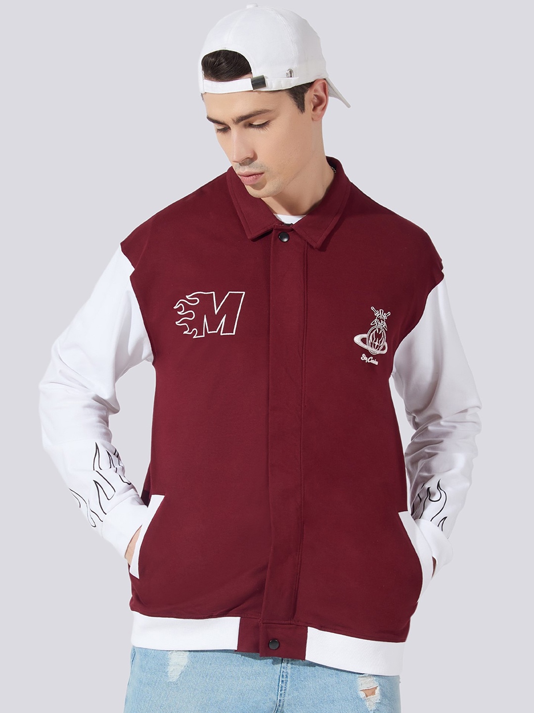 

Maniac Spread Collar Cotton Varsity Jacket, Burgundy