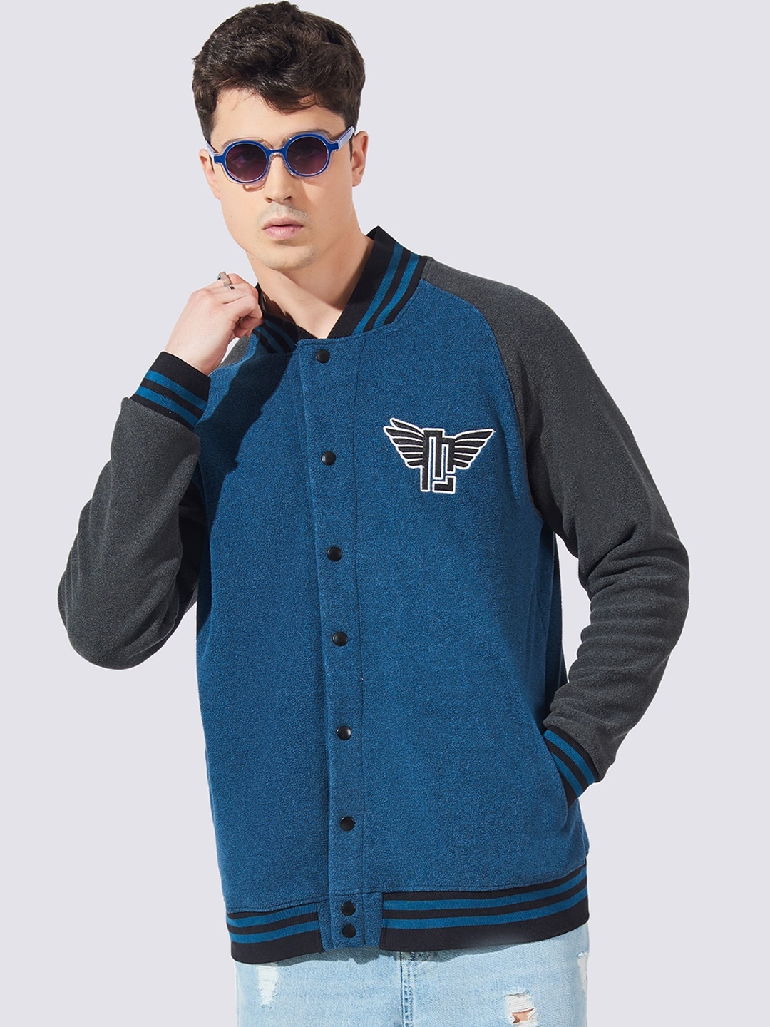 

Maniac Mandarin Collar Colourblocked Loopnet Slim Fit Cotton Bomber Jacket, Blue