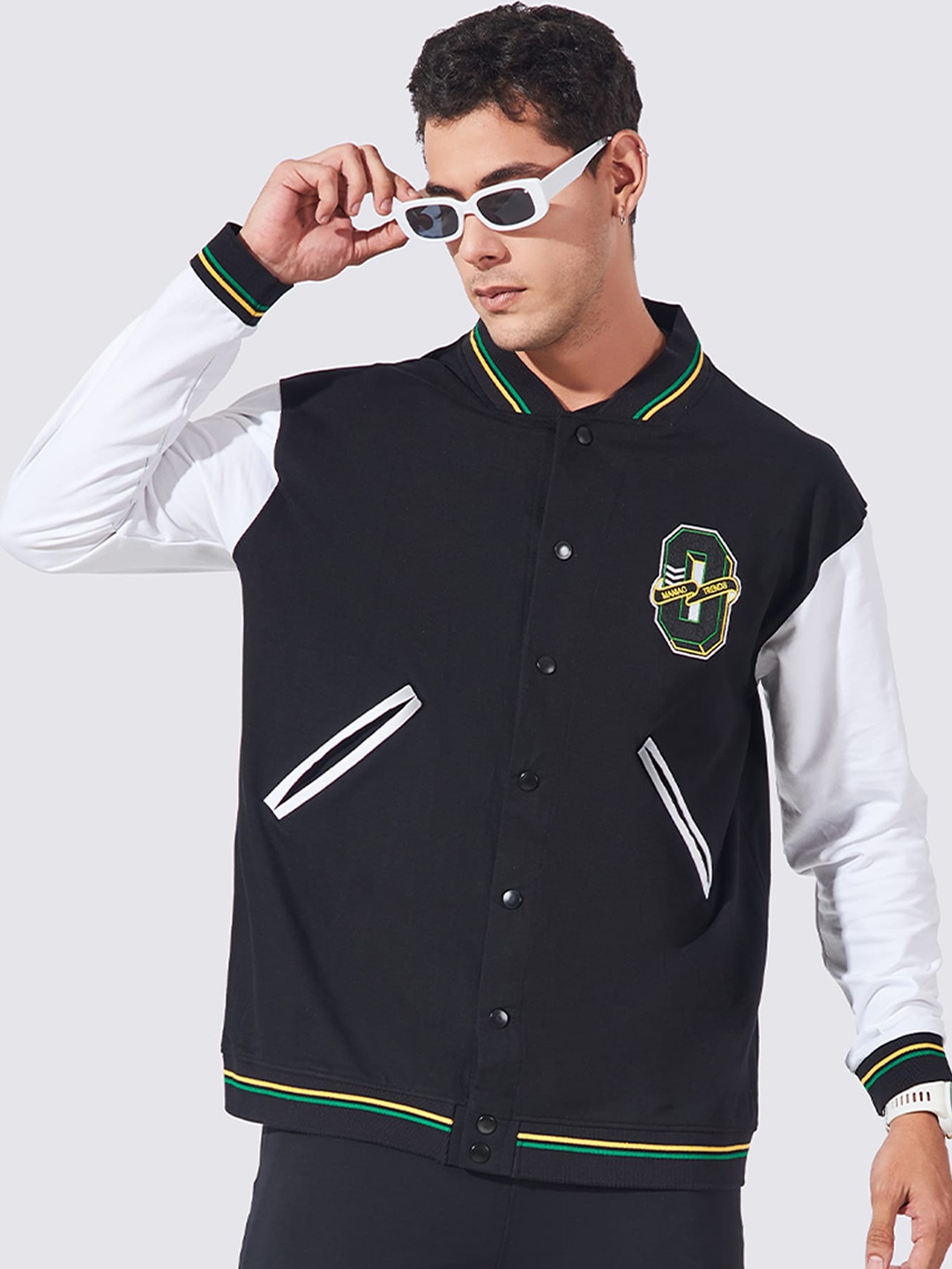 

Maniac Mandarin Collar Loopnet Slim Fit Varsity Jacket, Black