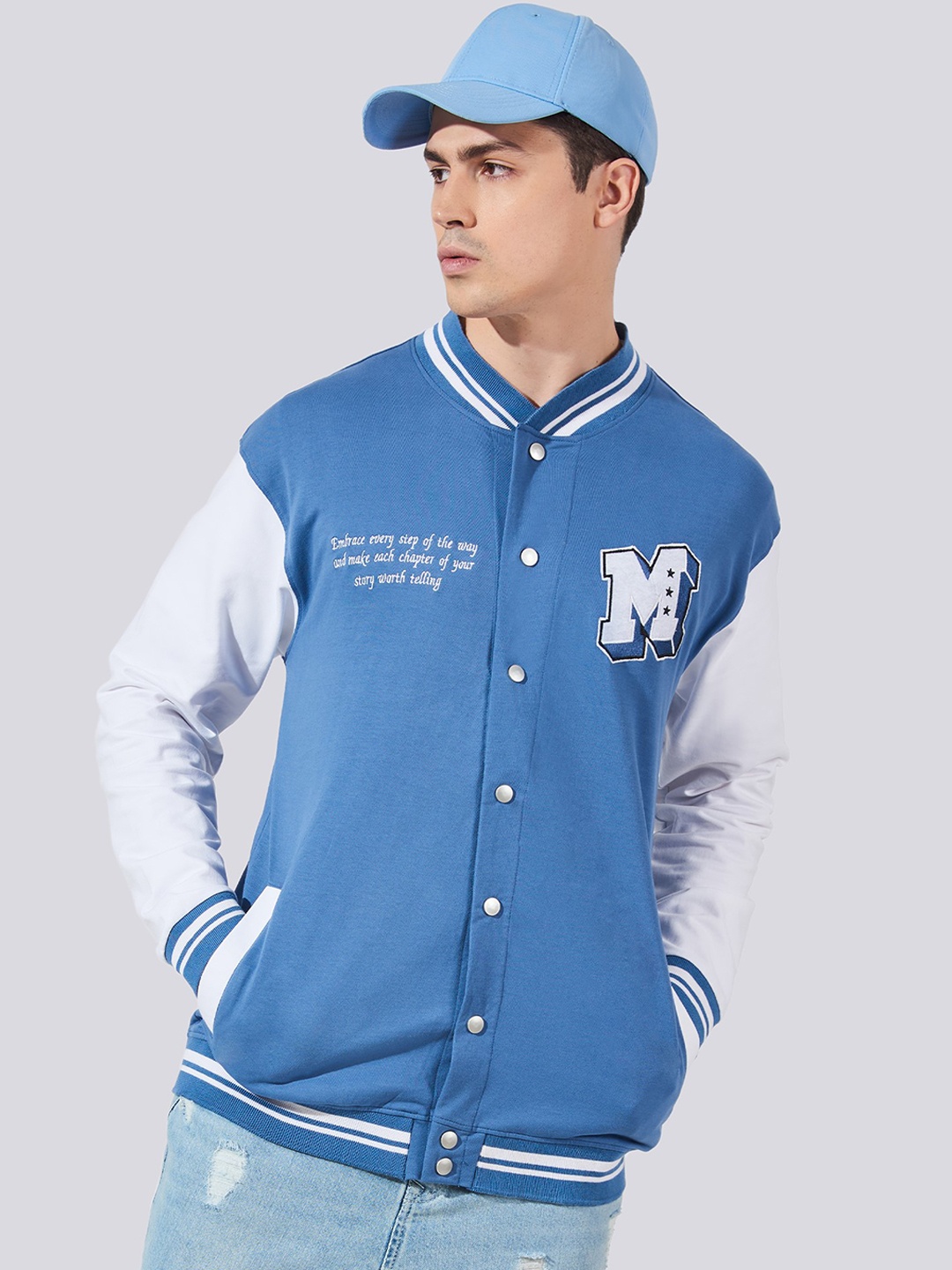 

Maniac Mandarin Collar Loopnet Slim Fit Varsity Jacket, Blue
