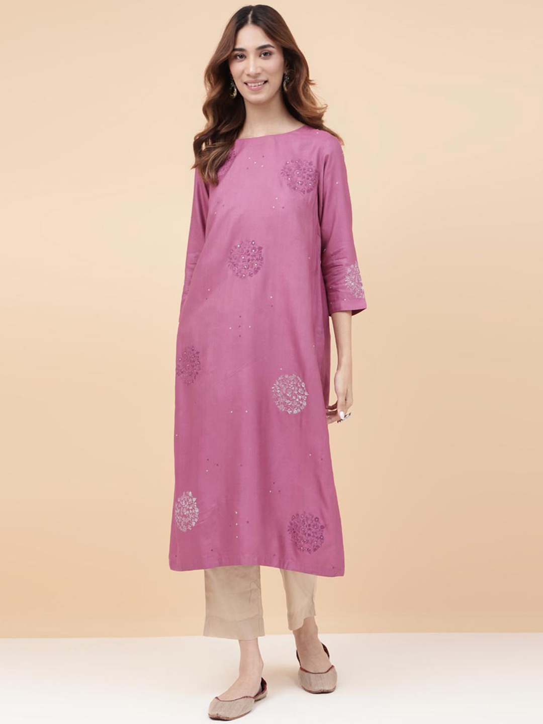 

Fabindia Floral Printed Straight Kurta, Pink