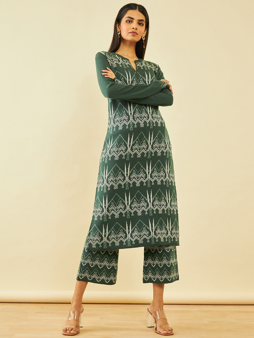 

Soch Ethnic Motifs Woven Designed Acrylic Regular Kurta With Trousers, Green