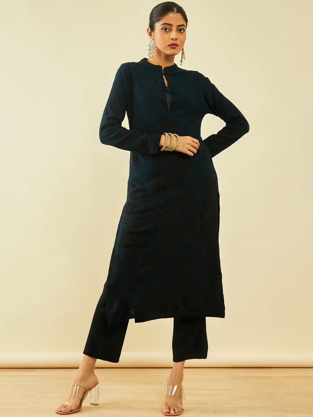 

Soch Teal Blue Mandarin Collar Regular Straight Kurta & Trousers With Shawl
