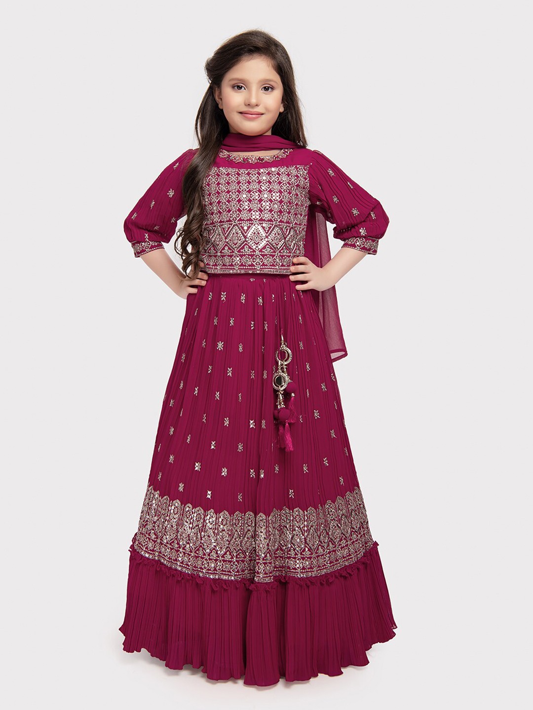 

BETTY Girls Embroidered Ready to Wear Lehenga Blouse With Dupatta & Latkan, Pink