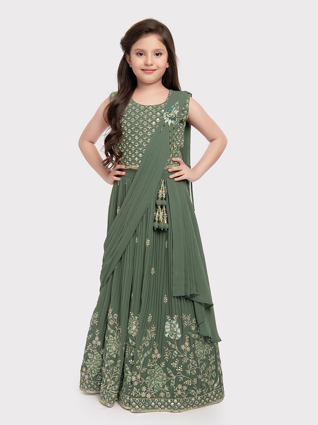 

BETTY Girls Embellished Ready to Wear Lehenga & Blouse With Dupatta, Green