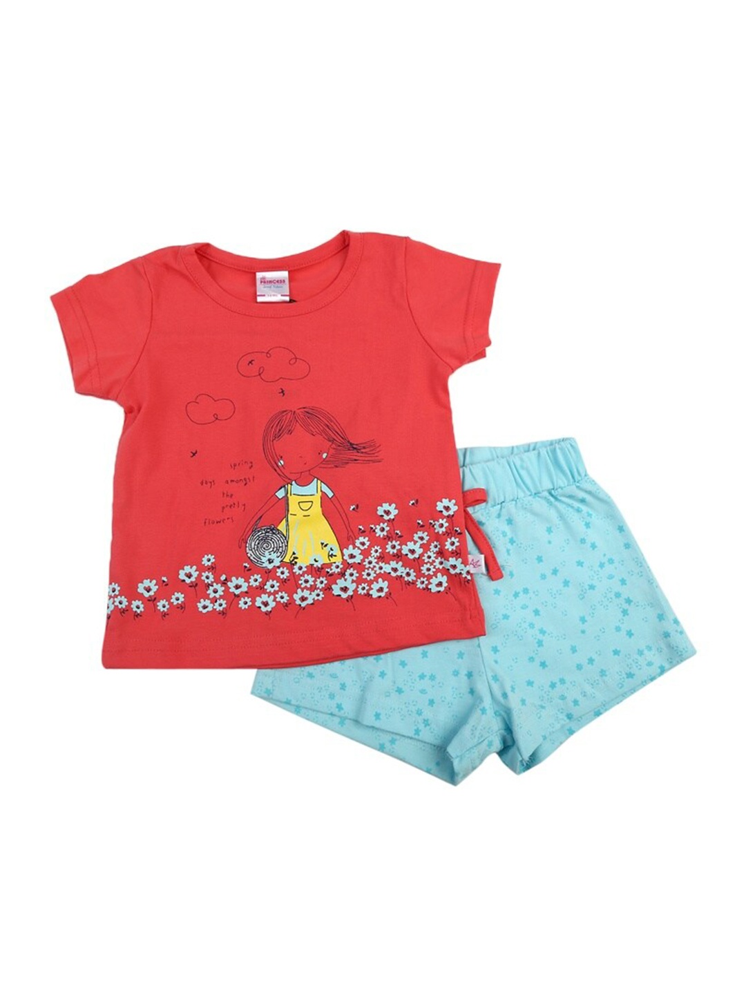 

V-Mart Girls Graphic Printed Round Neck Top With Short, Coral
