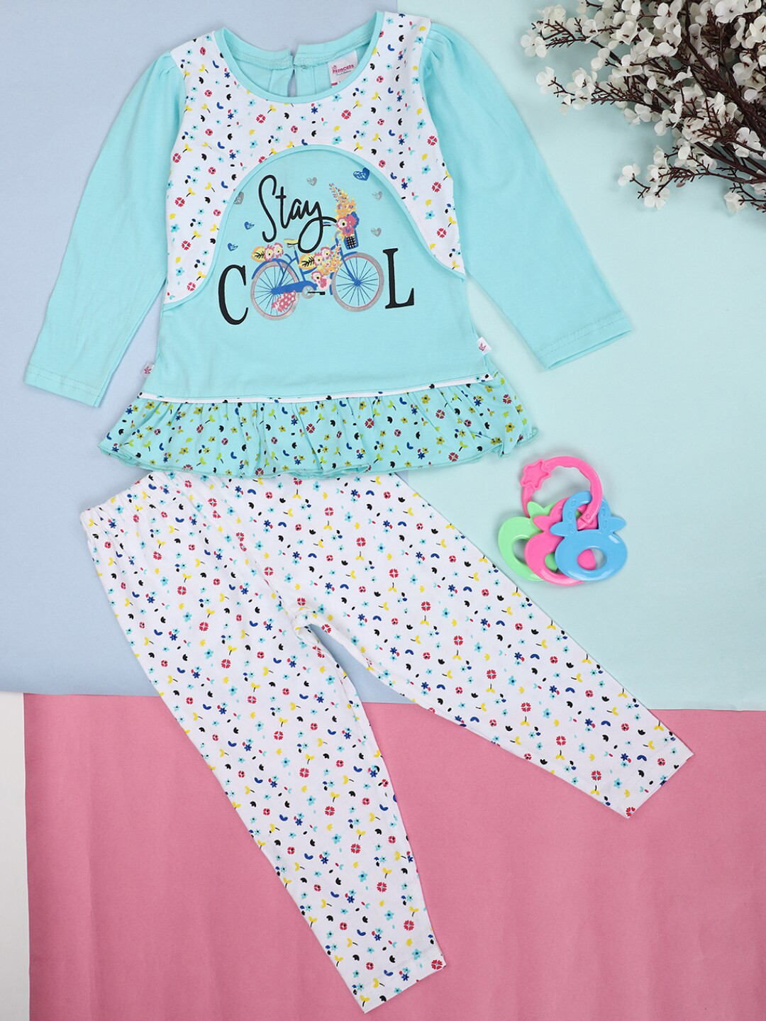 

V-Mart Infant Kids Printed Pure Cotton Top with Trousers, Turquoise blue