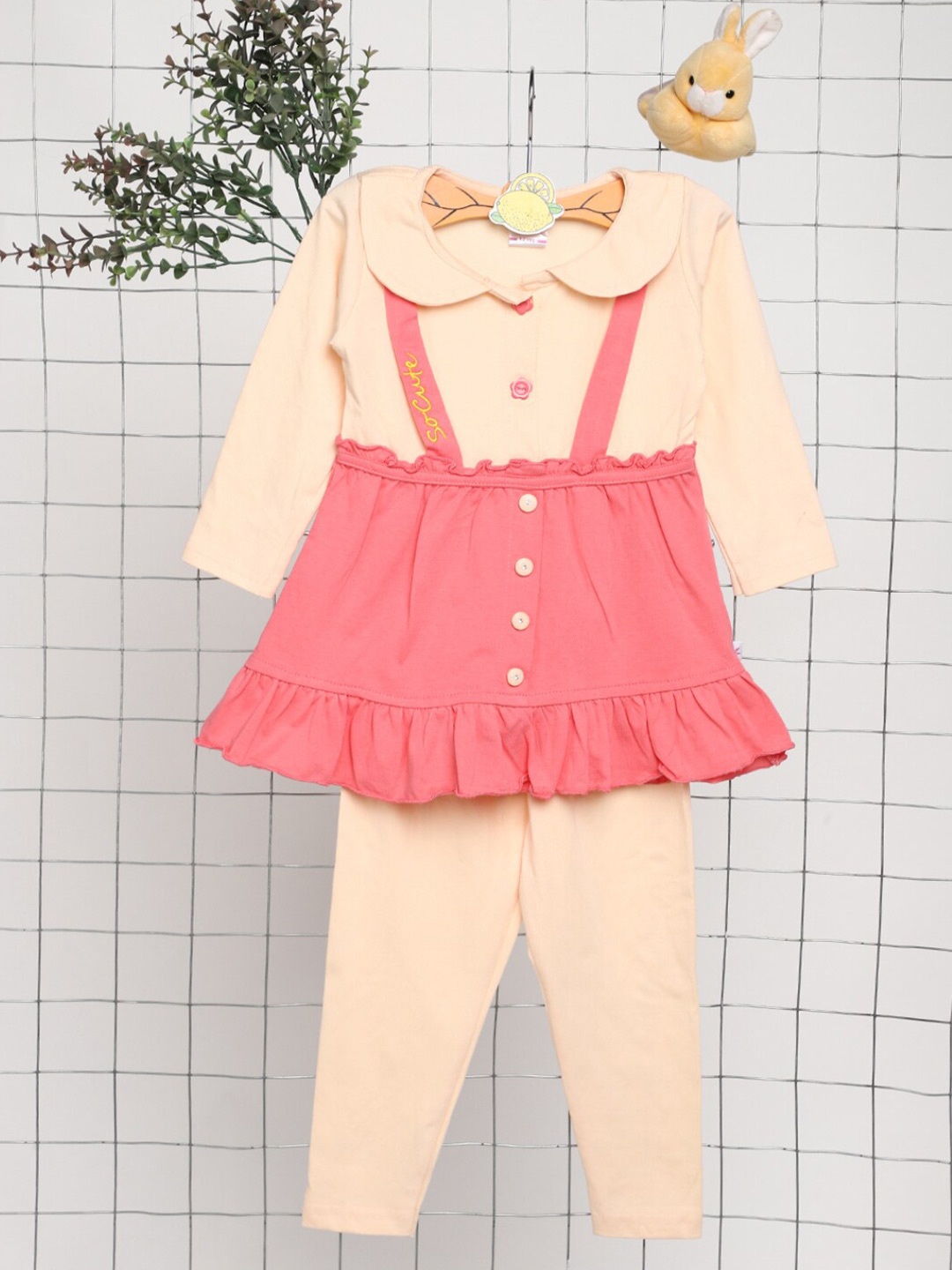 

V-Mart Unisex Kids Shirt Collar Top with Leggings, Peach