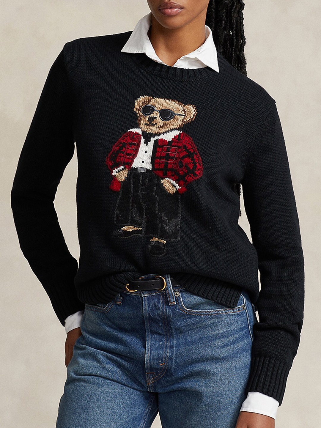 

Polo Ralph Lauren Graphic Self Design Pure Cotton Pullover Sweater, Black