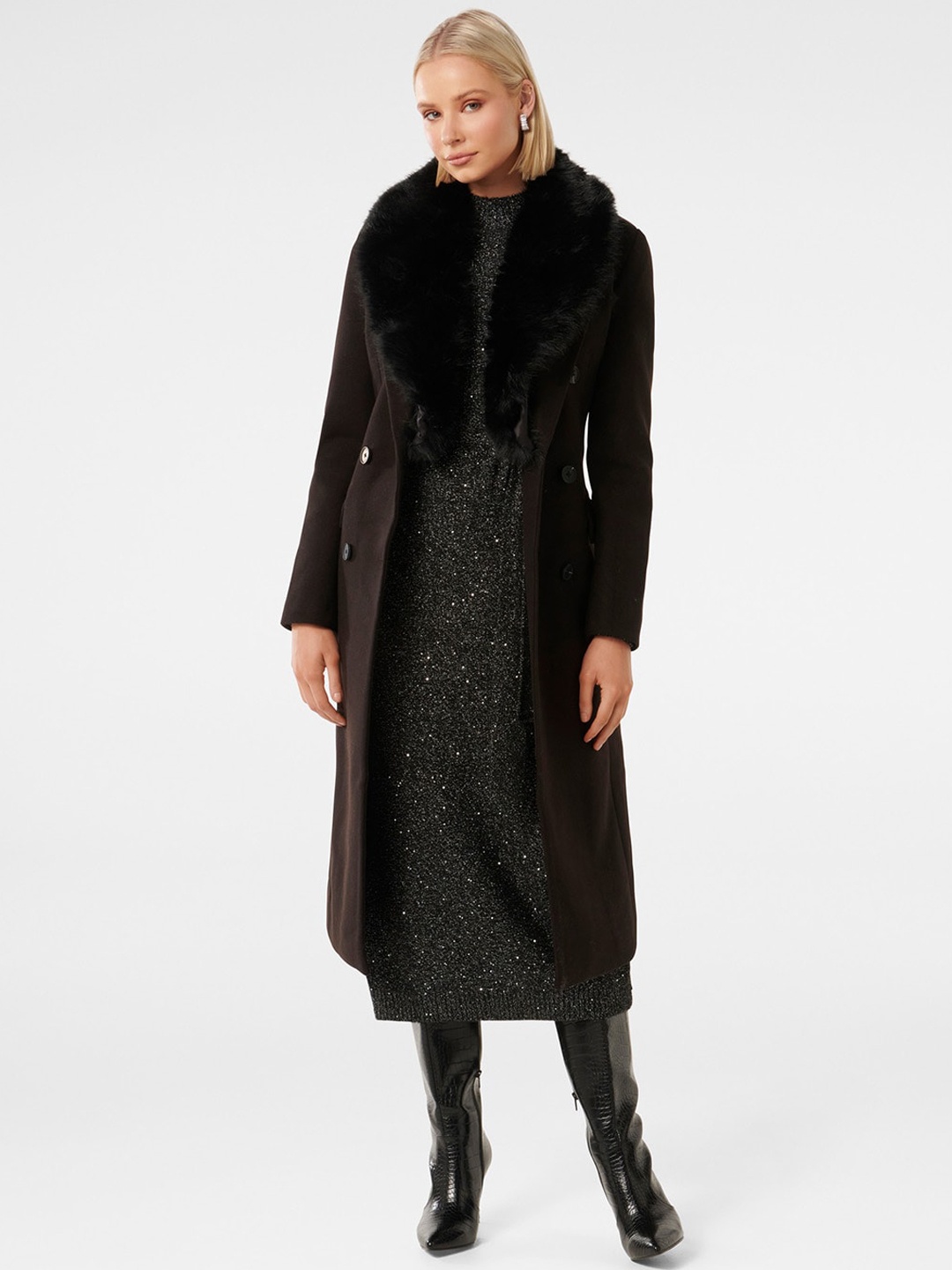 

Forever New Single-Breasted Faux Fur Trim Longline Overcoat, Black