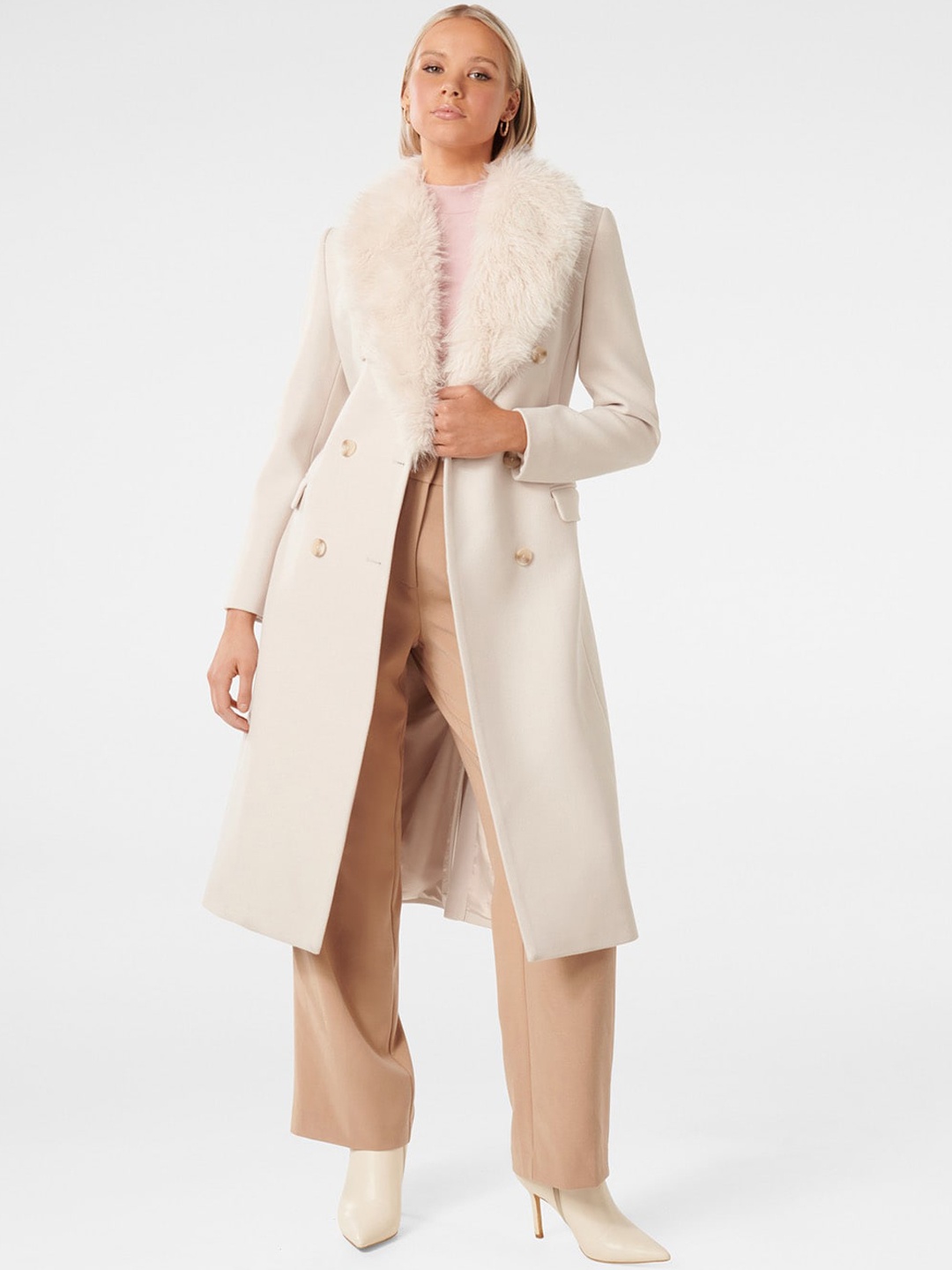 

Forever New Double-Breasted Faux Fur Collar Longline Overcoat, Cream