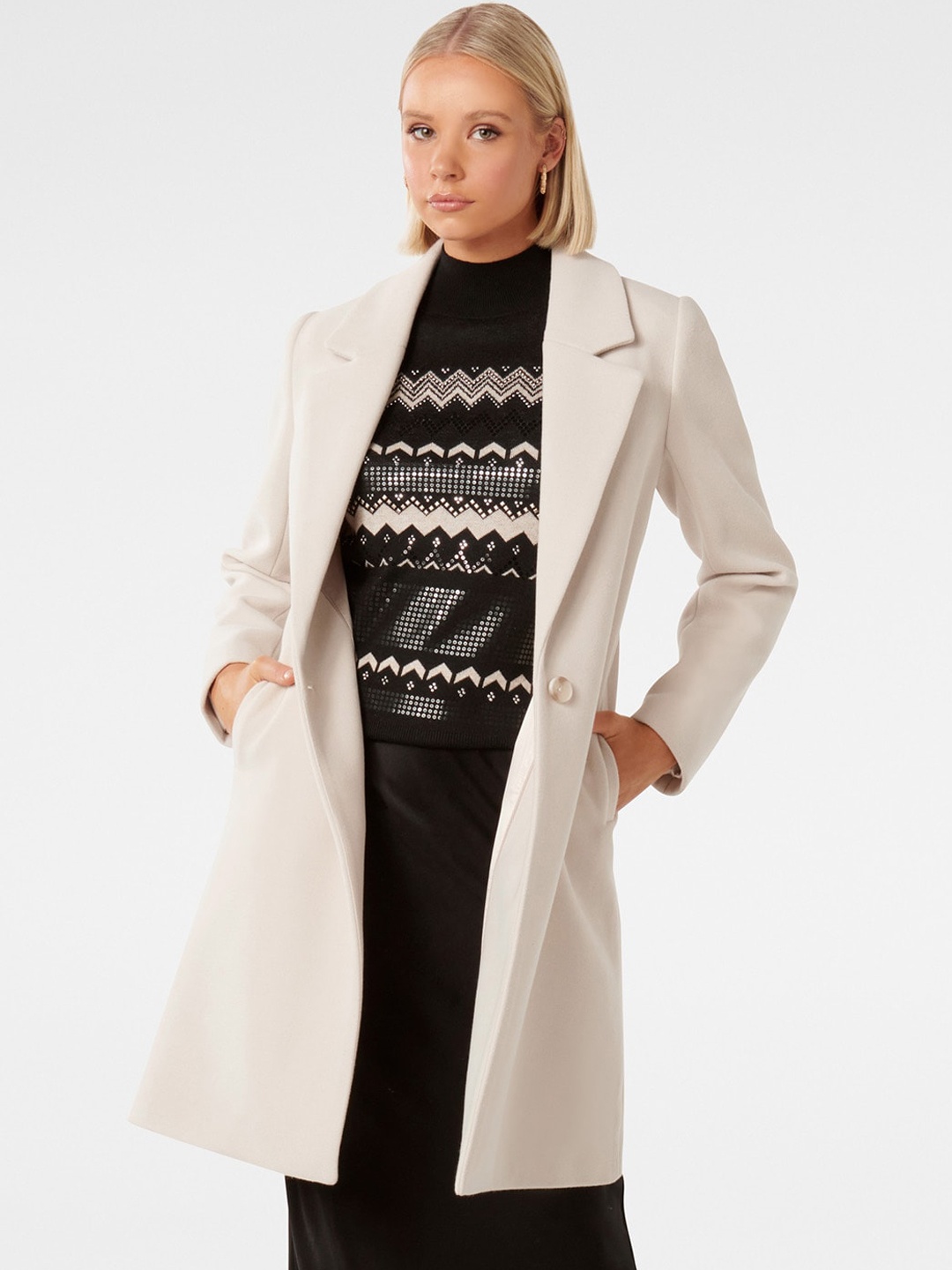 

Forever New Single Breasted Notched Lapel Collar Longline Overcoat, Cream