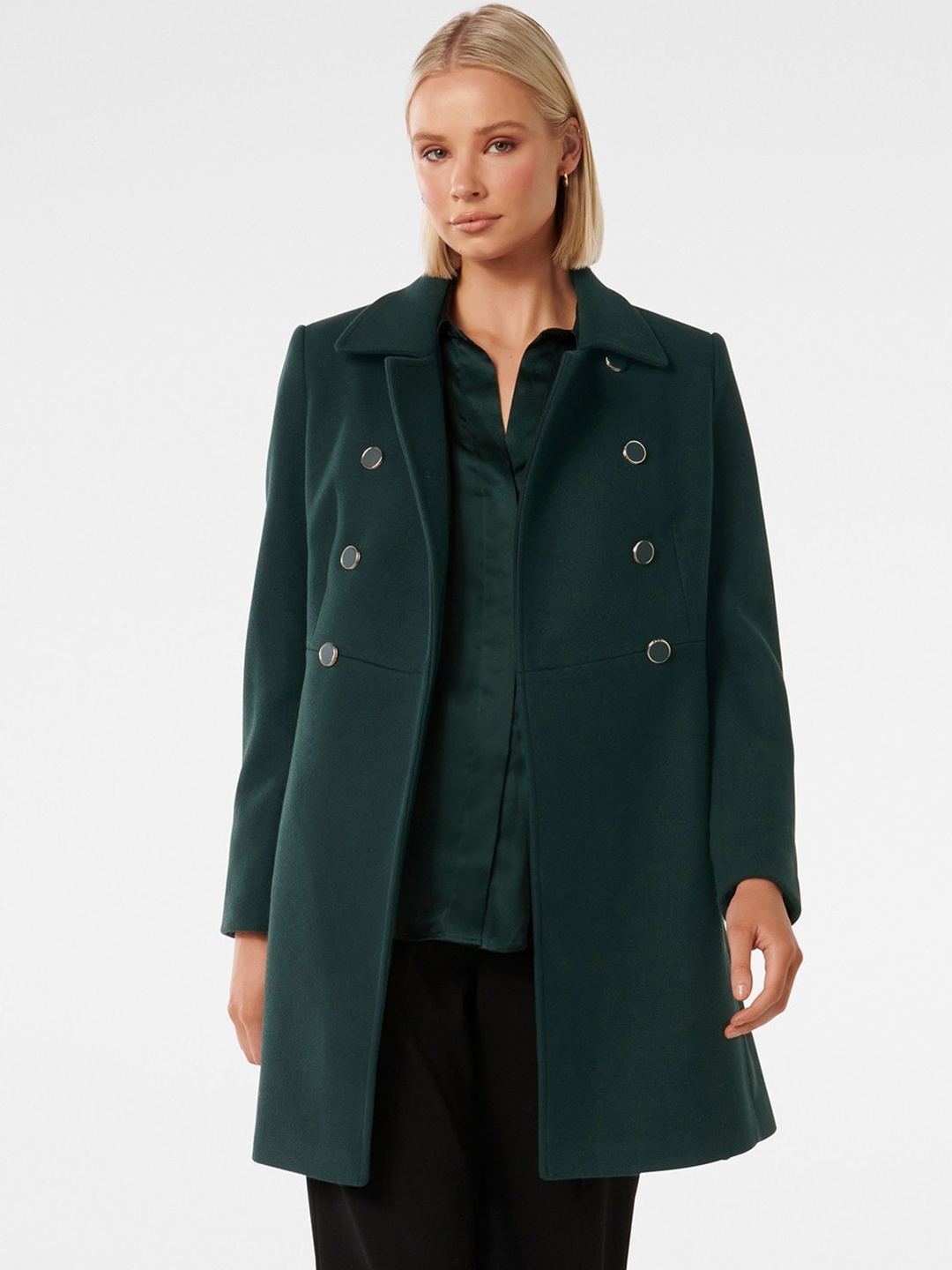 

Forever New Spread Collar Double Breasted Longline Overcoat, Green