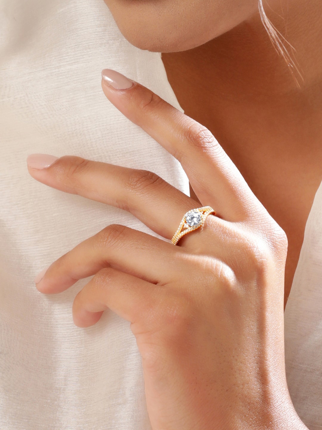 

Rubans Silver 925 Sterling Silver 22K Gold-Plated CZ-Studded Finger Ring