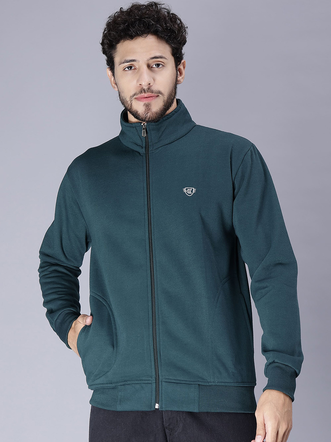 

WE PERFECT Mock Collar Long Sleeves Fleece Lightweight Bomber Jacket, Green