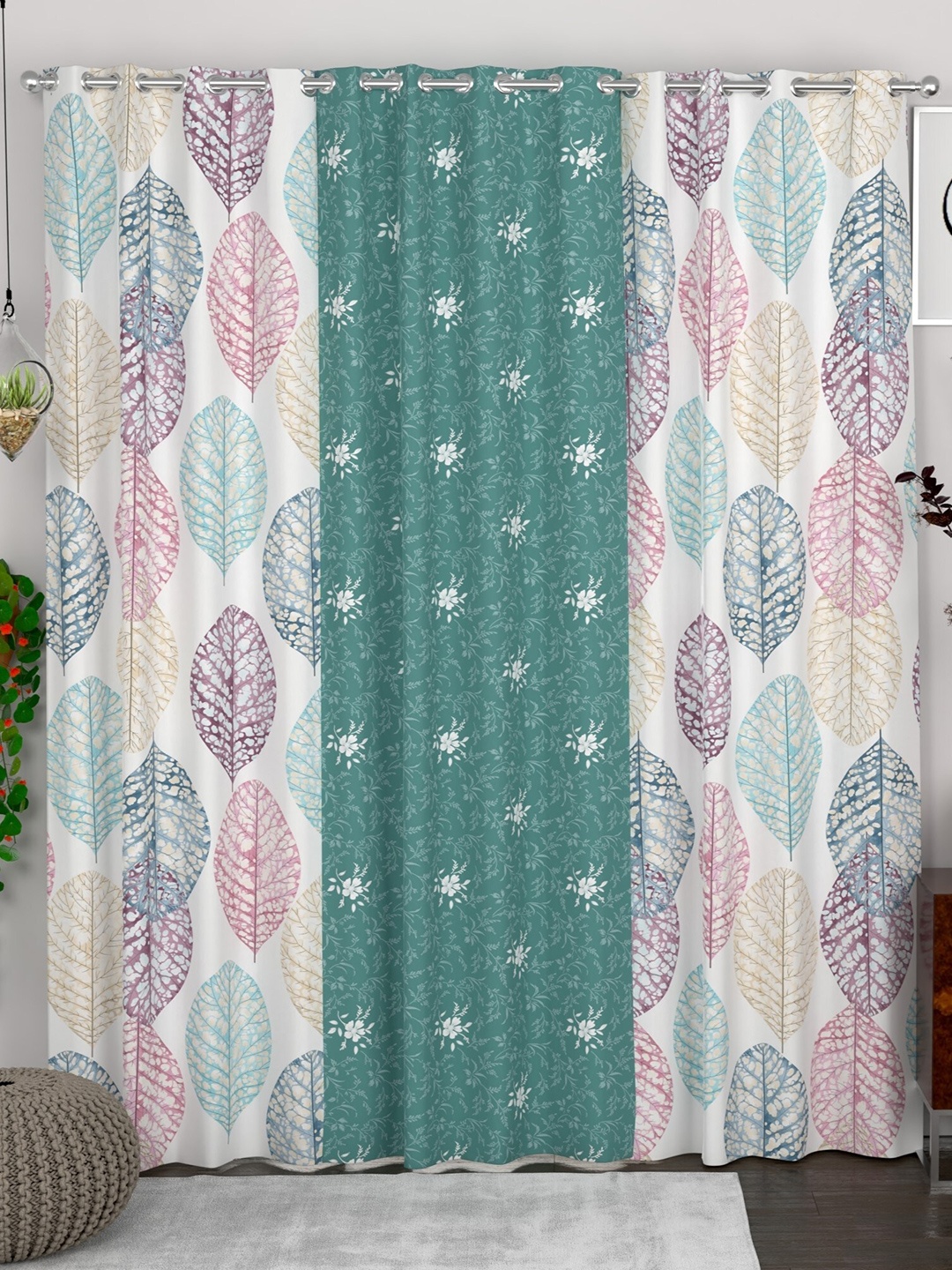 CHHAVI INDIA Green & White 3-Pieces Floral Sheer Door Curtains