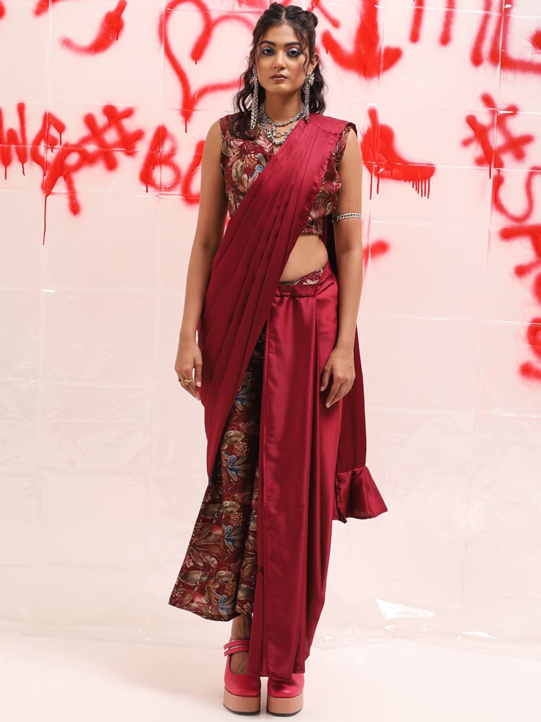 

Tikhi Imli Printed Saree Style Co-Ords Set with Detachable Pallu, Maroon