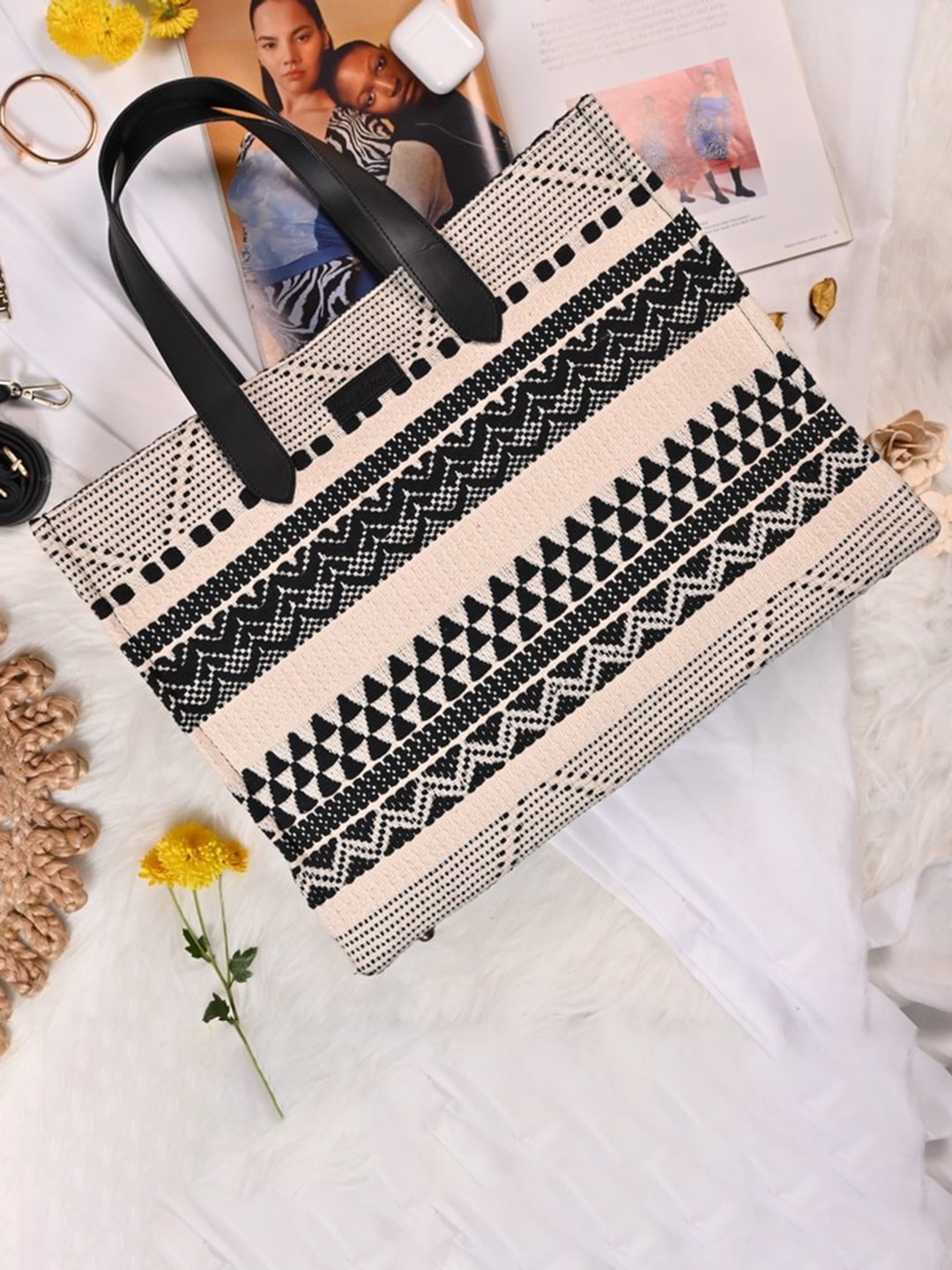 

Visual Echoes Geometric Embroidered Stuctured Handheld Bag, Beige