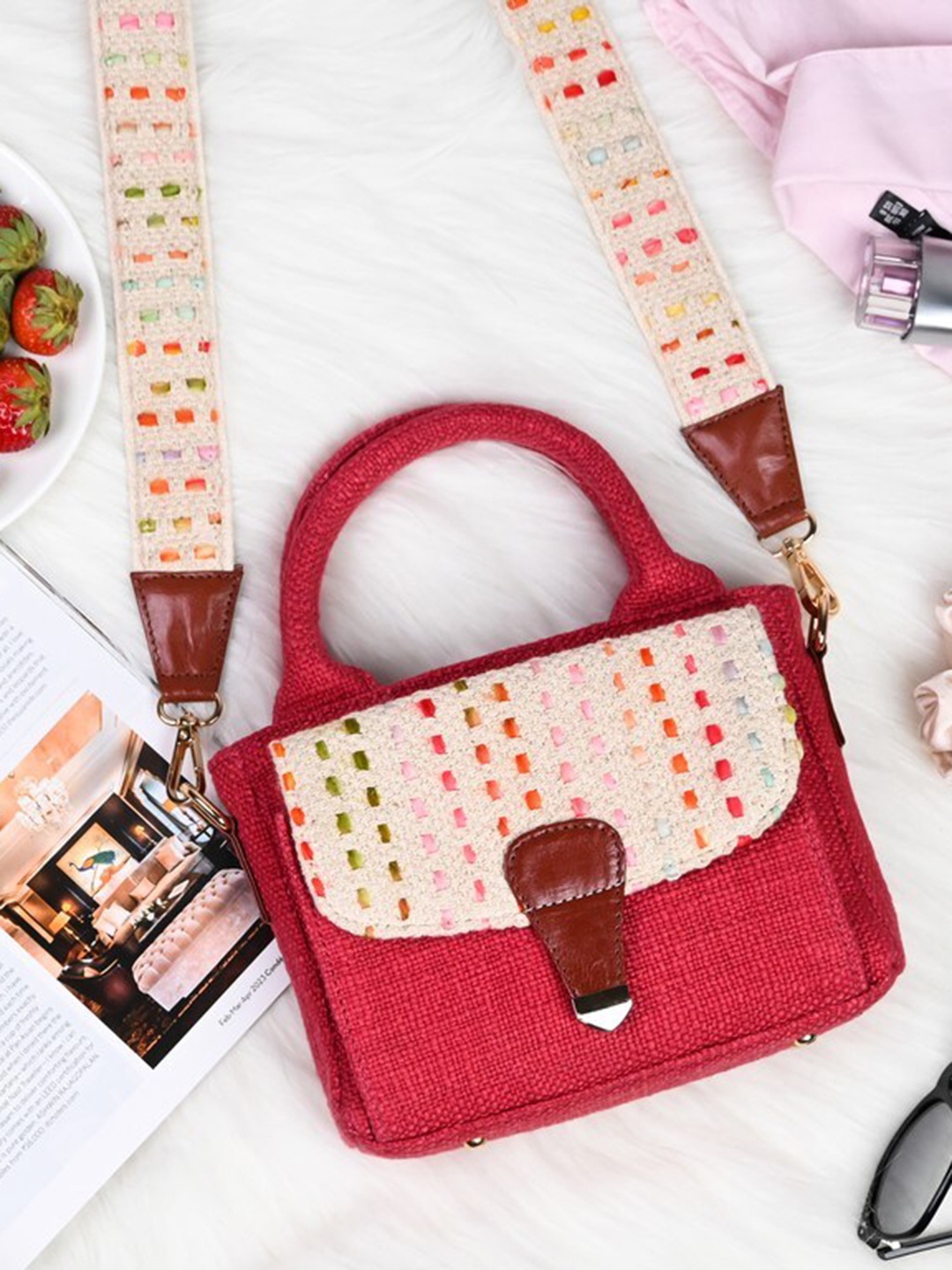 

Visual Echoes Embroidered Structured Cotton Sling Bag, Red