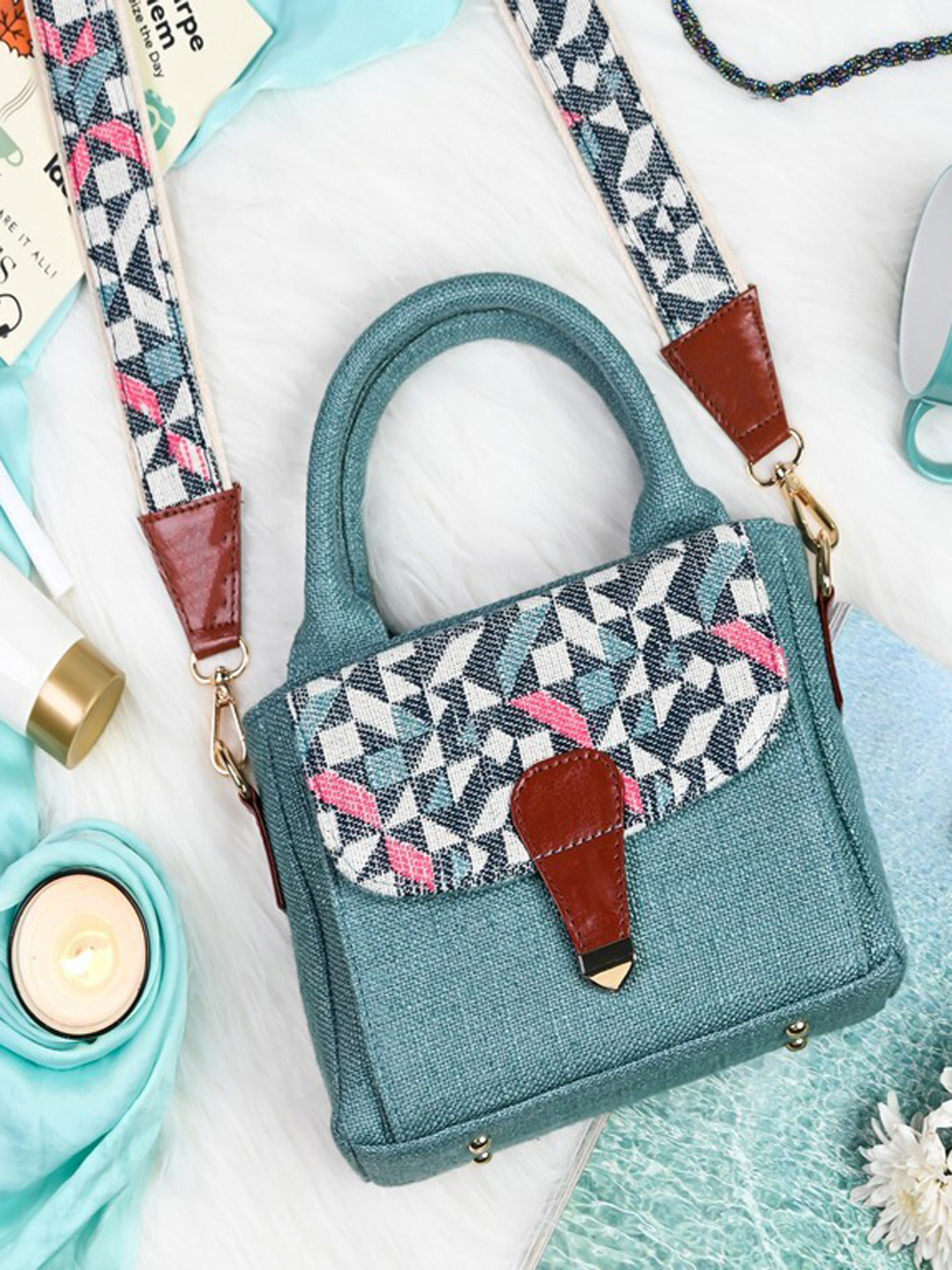 

Visual Echoes Ethnic Motifs Printed Oversized Structured Cotton Handheld Bag, Teal