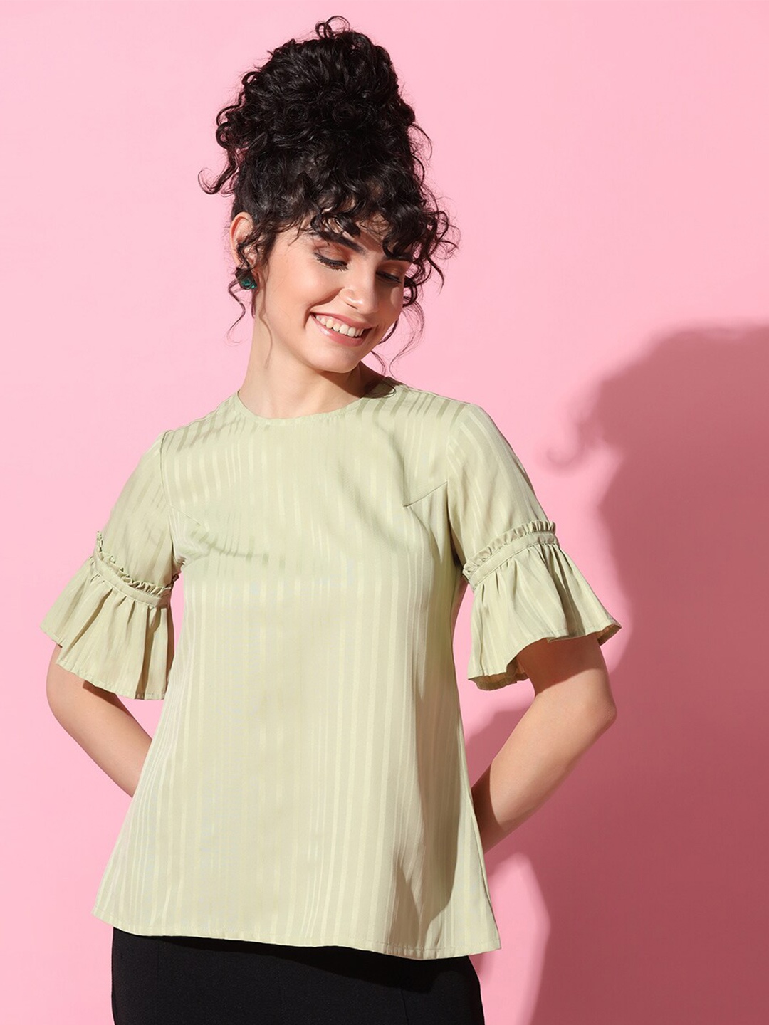 

FASHION DREAM Vertical Stripes Round Neck Bell Sleeve Regular Top, Green