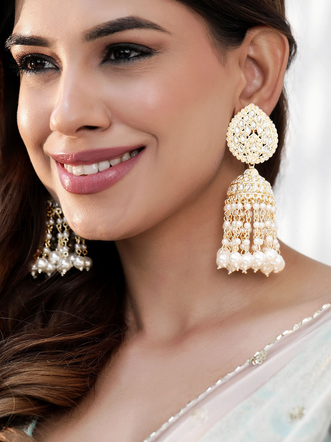 

Rubans 22K Gold plated Kundan Contemporary Jhumka Earrings