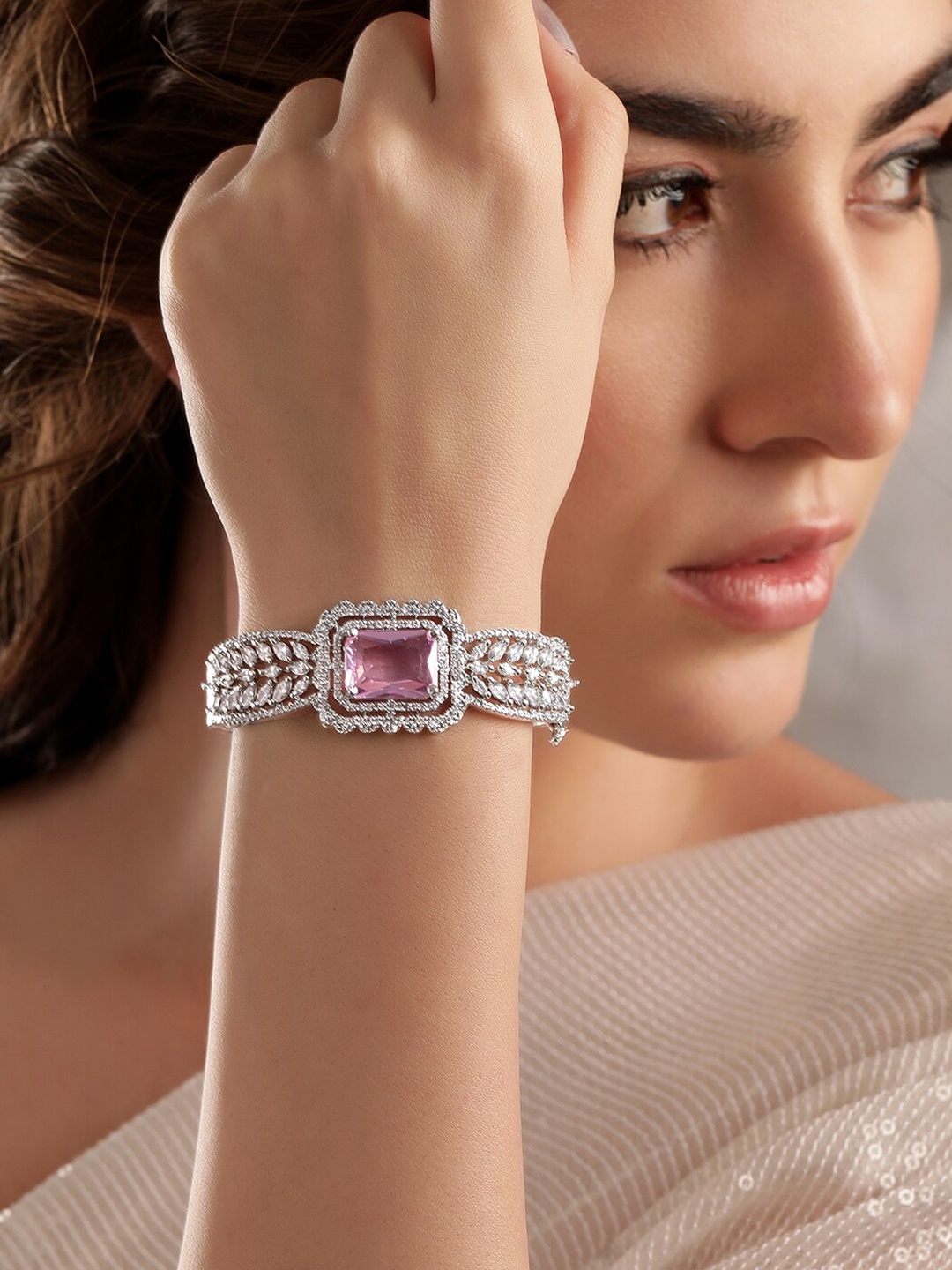 

Rubans Brass Cubic Zirconia Rhodium-Plated Kada Bracelet, Silver